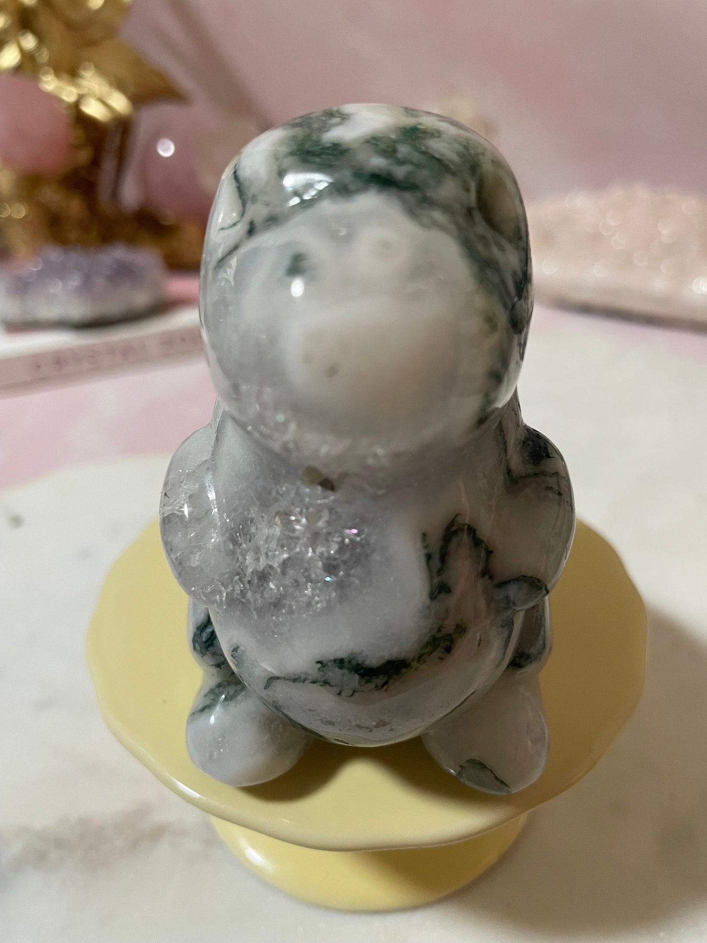 Moss Agate chubby dinosaur carving