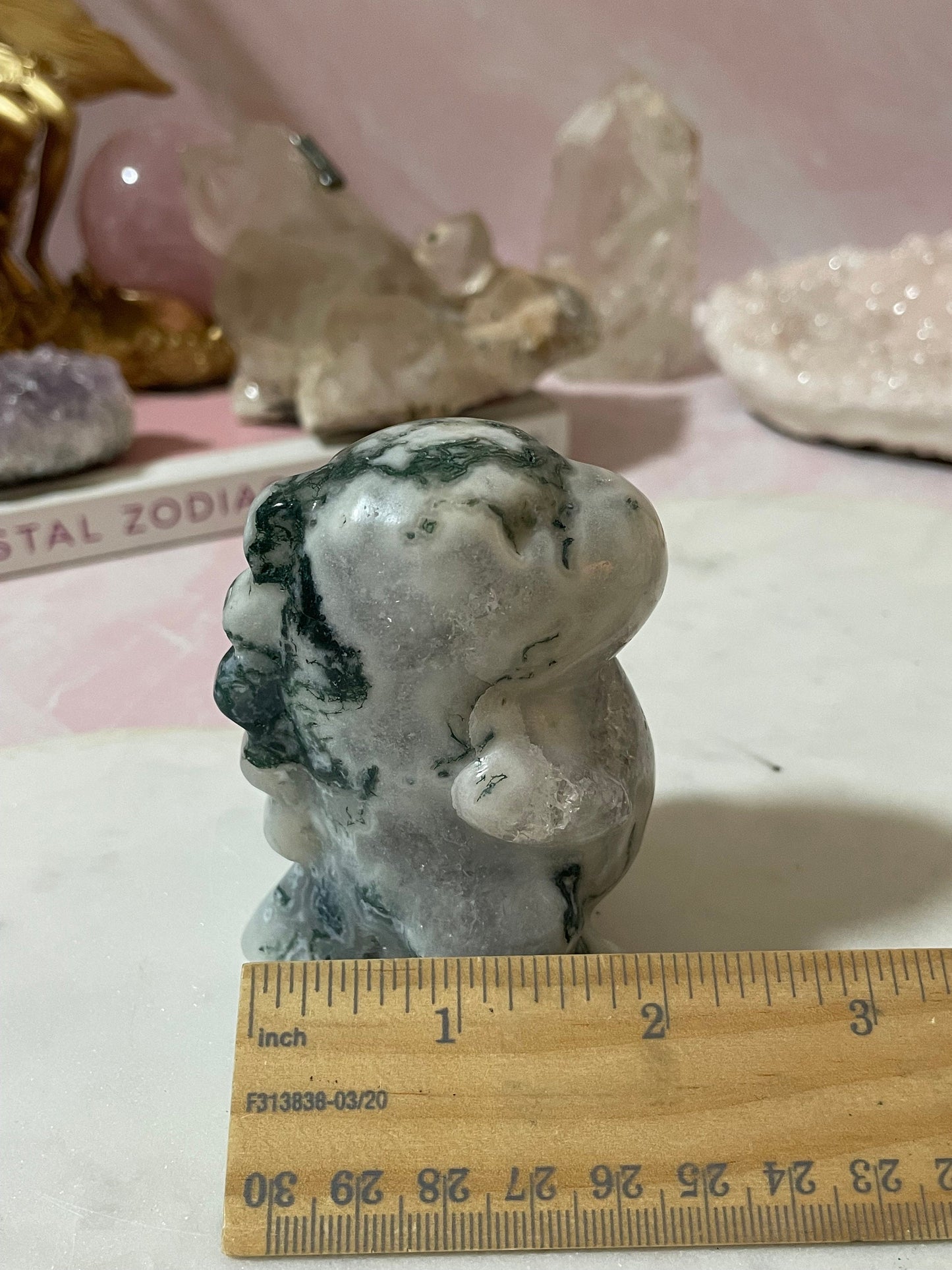 Moss Agate chubby dinosaur carving