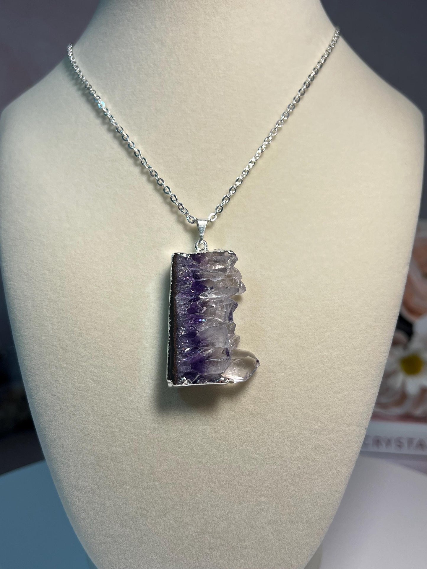 Beautiful Amethyst slice necklace, raw edge crystal pendant from Brazil