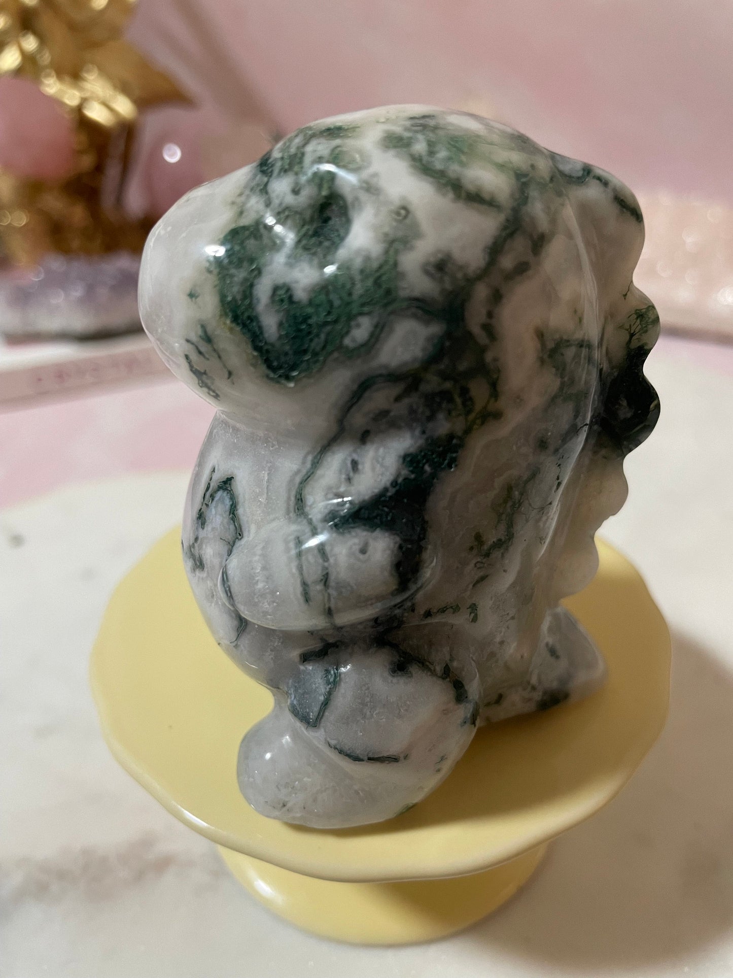 Moss Agate chubby dinosaur carving