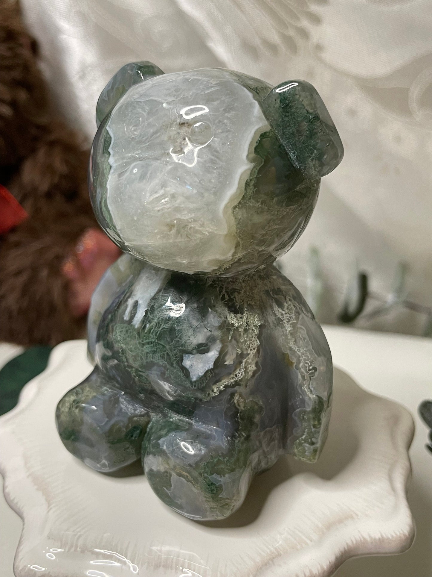 Moss Agate teddy bear carving