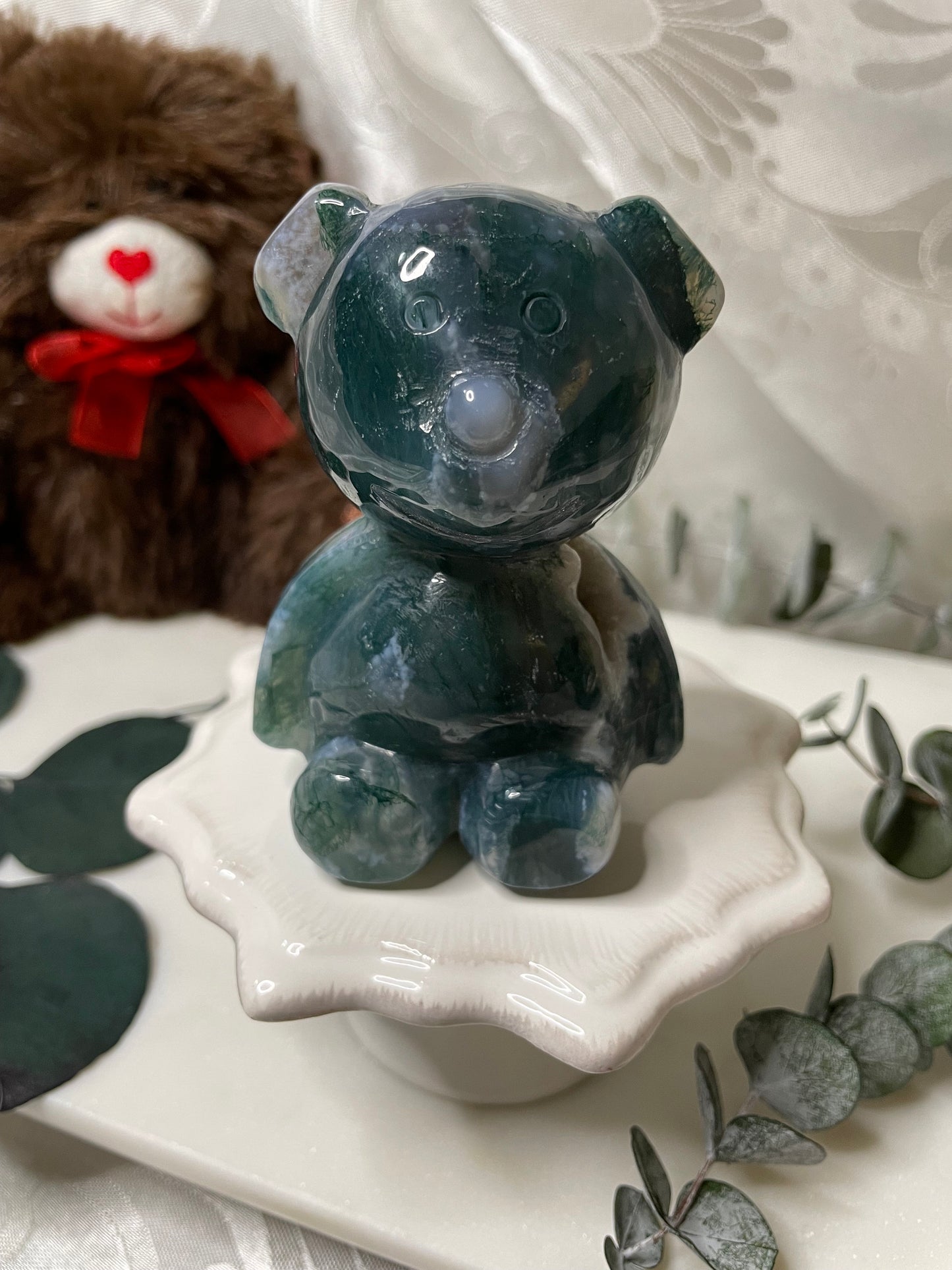 Moss Agate teddy bear carving