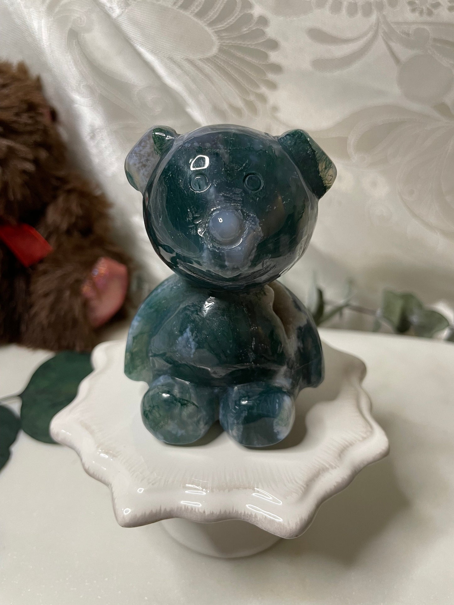 Moss Agate teddy bear carving