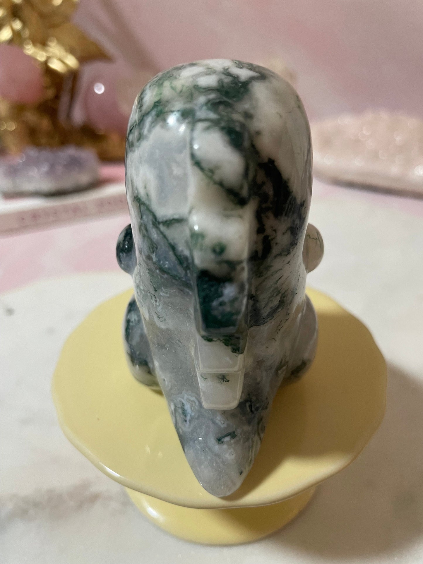 Moss Agate chubby dinosaur carving