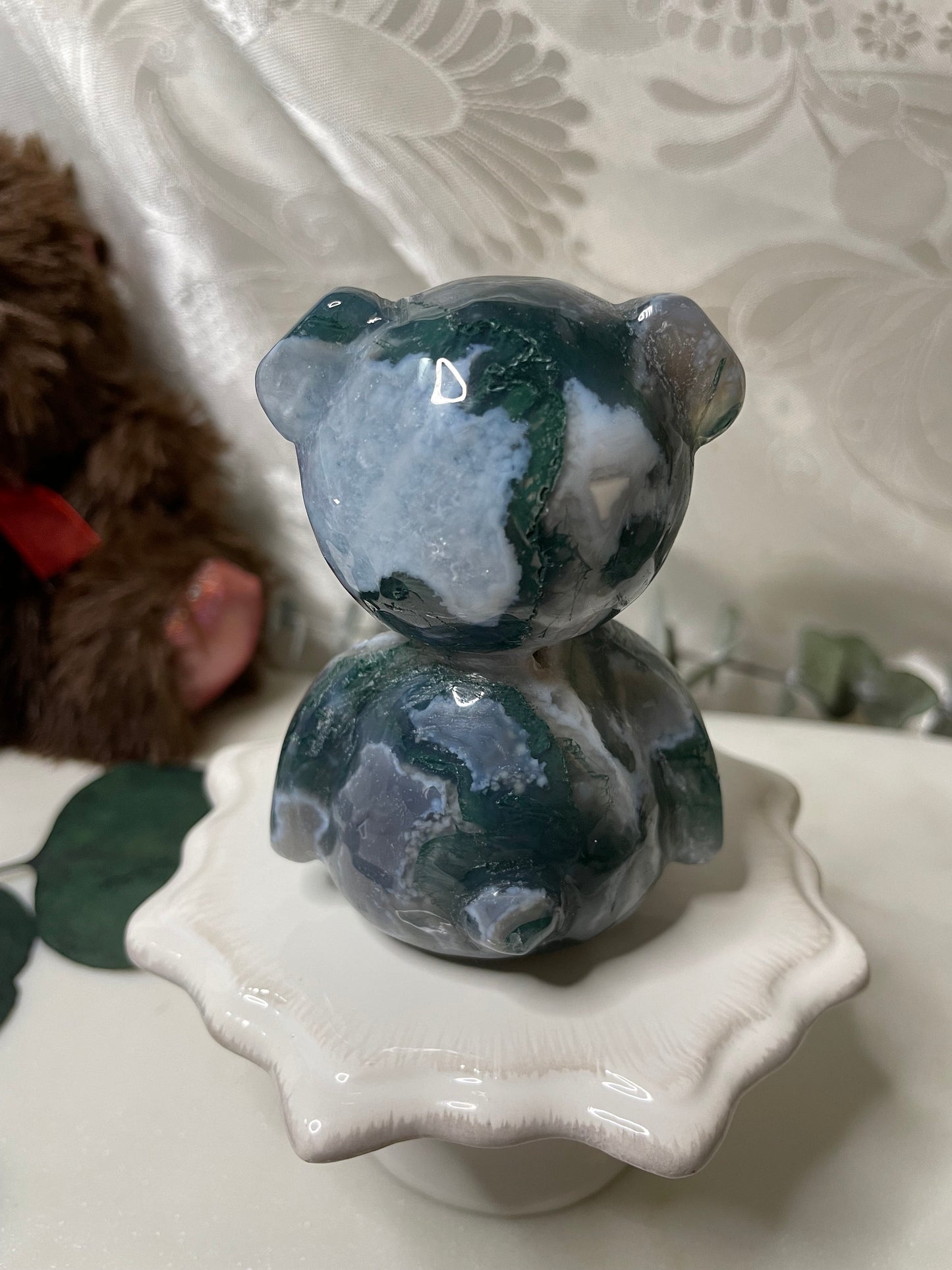 Moss Agate teddy bear carving