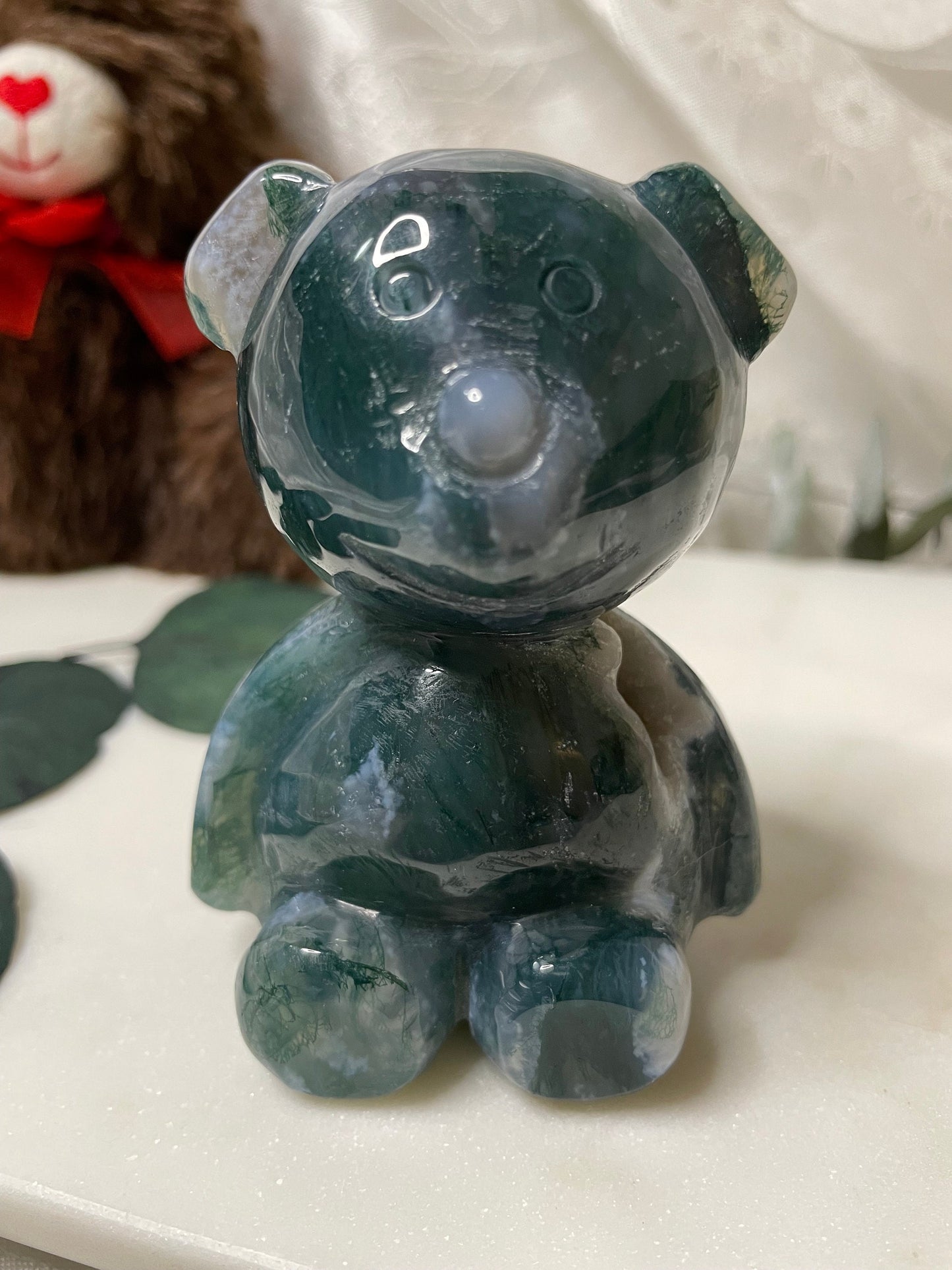 Moss Agate teddy bear carving
