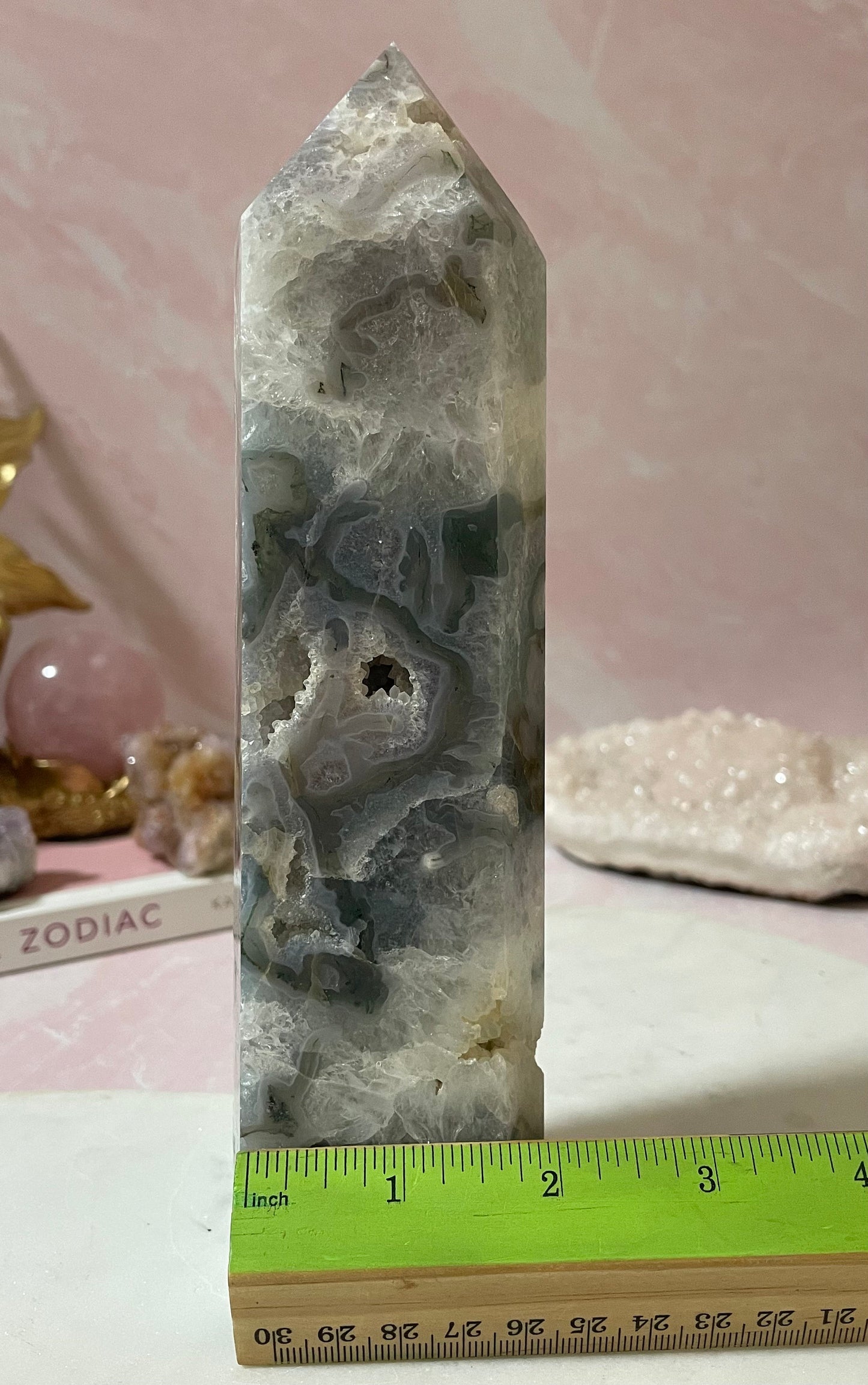 Stunning Moss Agate tower with gorgeous mossy inclusions.