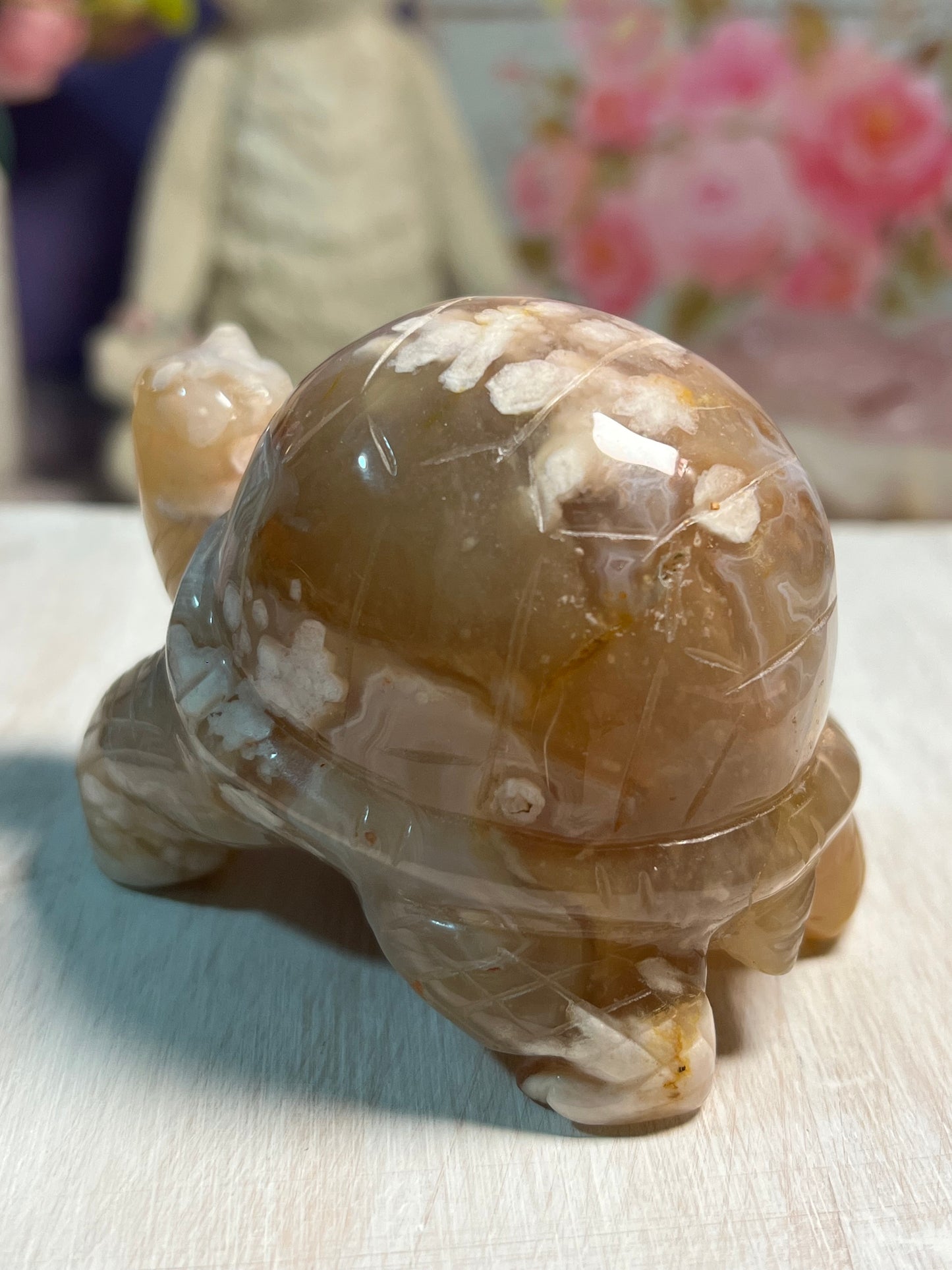 Adorable Flower Agate Turtle Carving