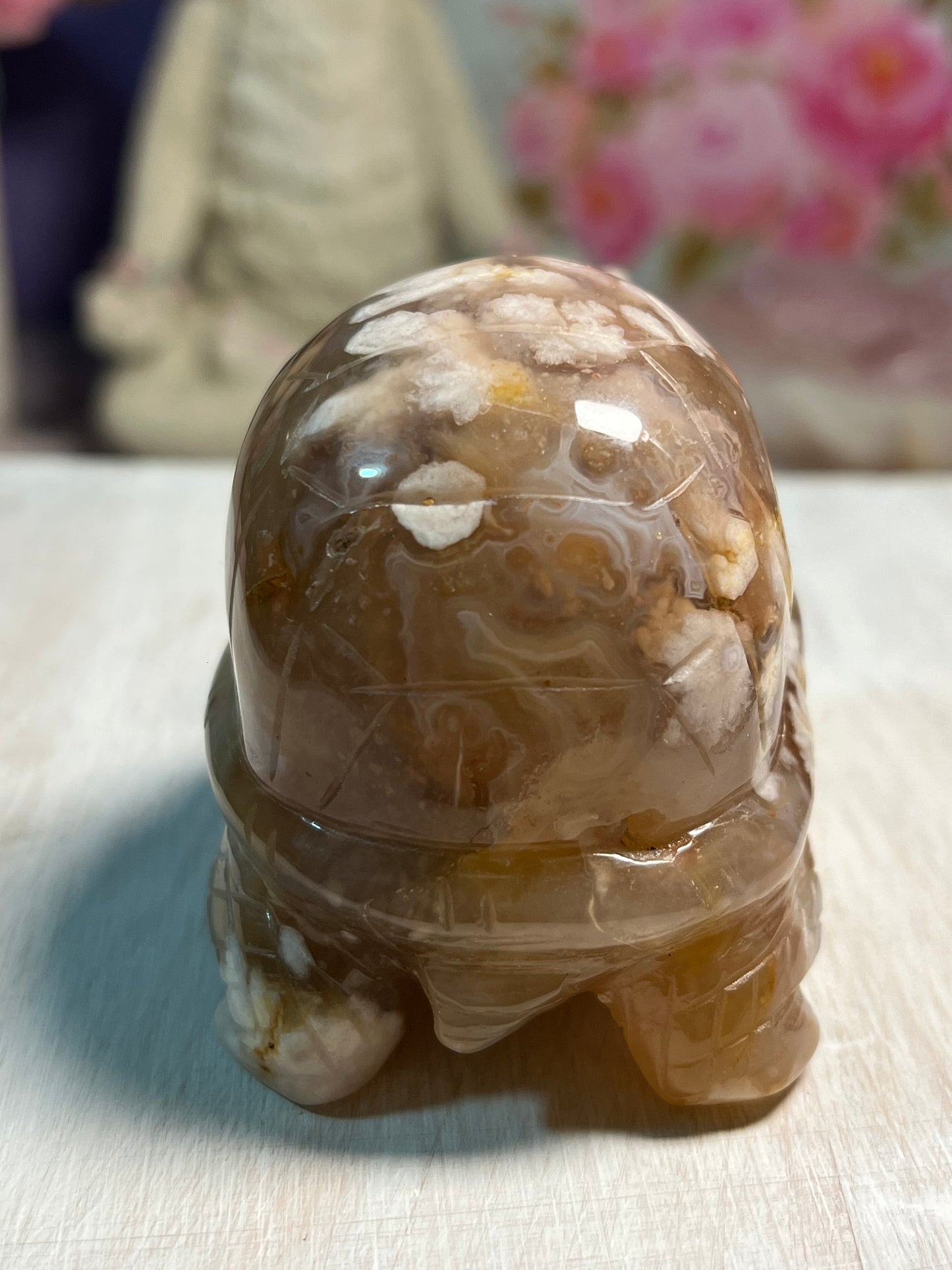 Adorable Flower Agate Turtle Carving