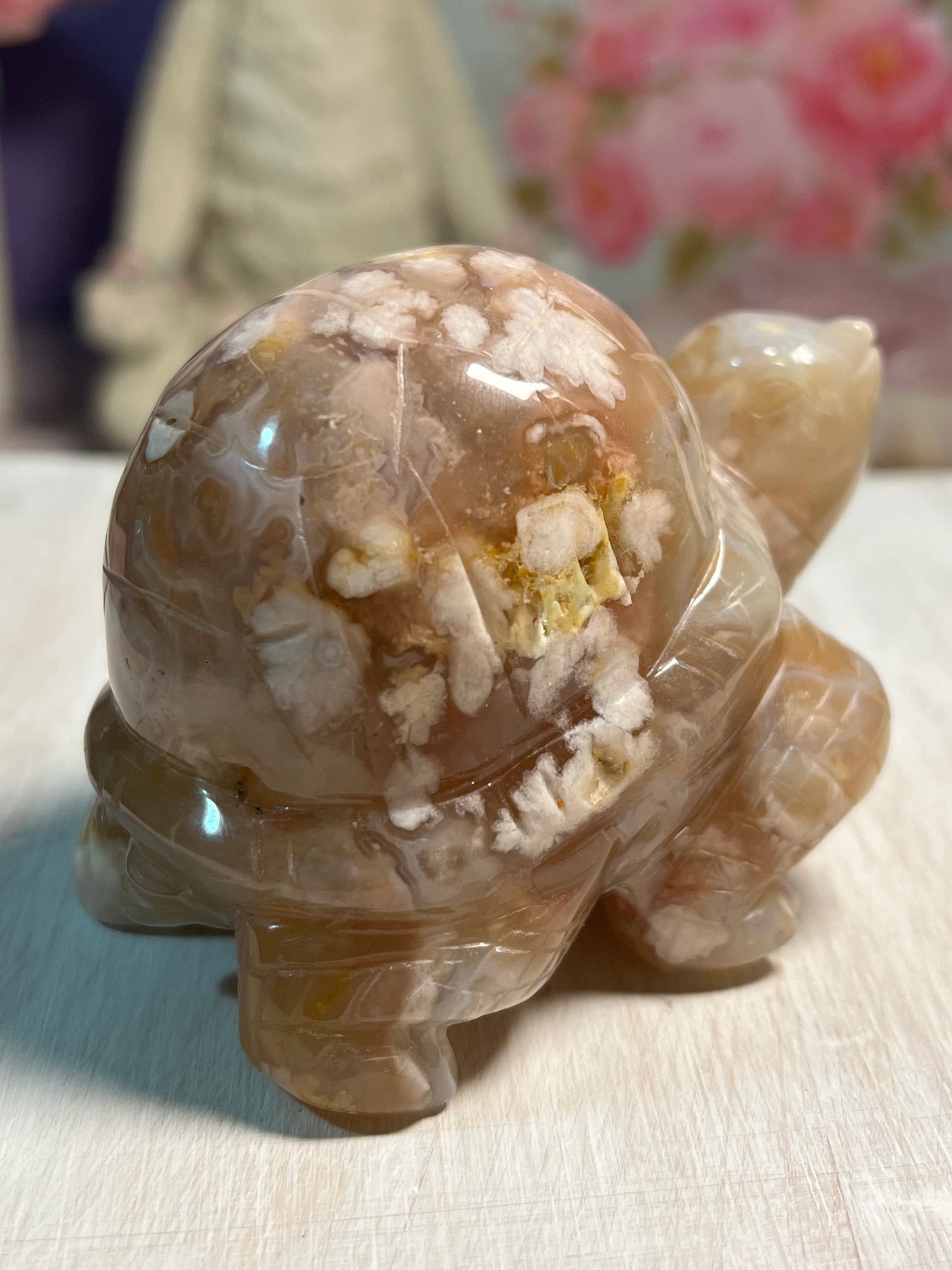 Adorable Flower Agate Turtle Carving