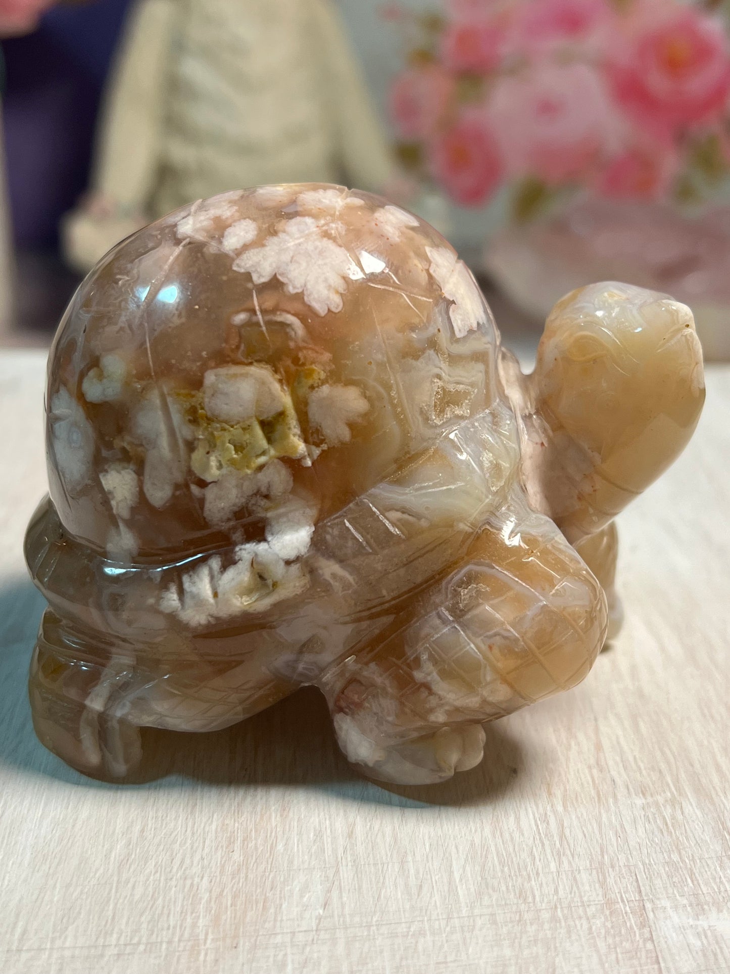 Adorable Flower Agate Turtle Carving