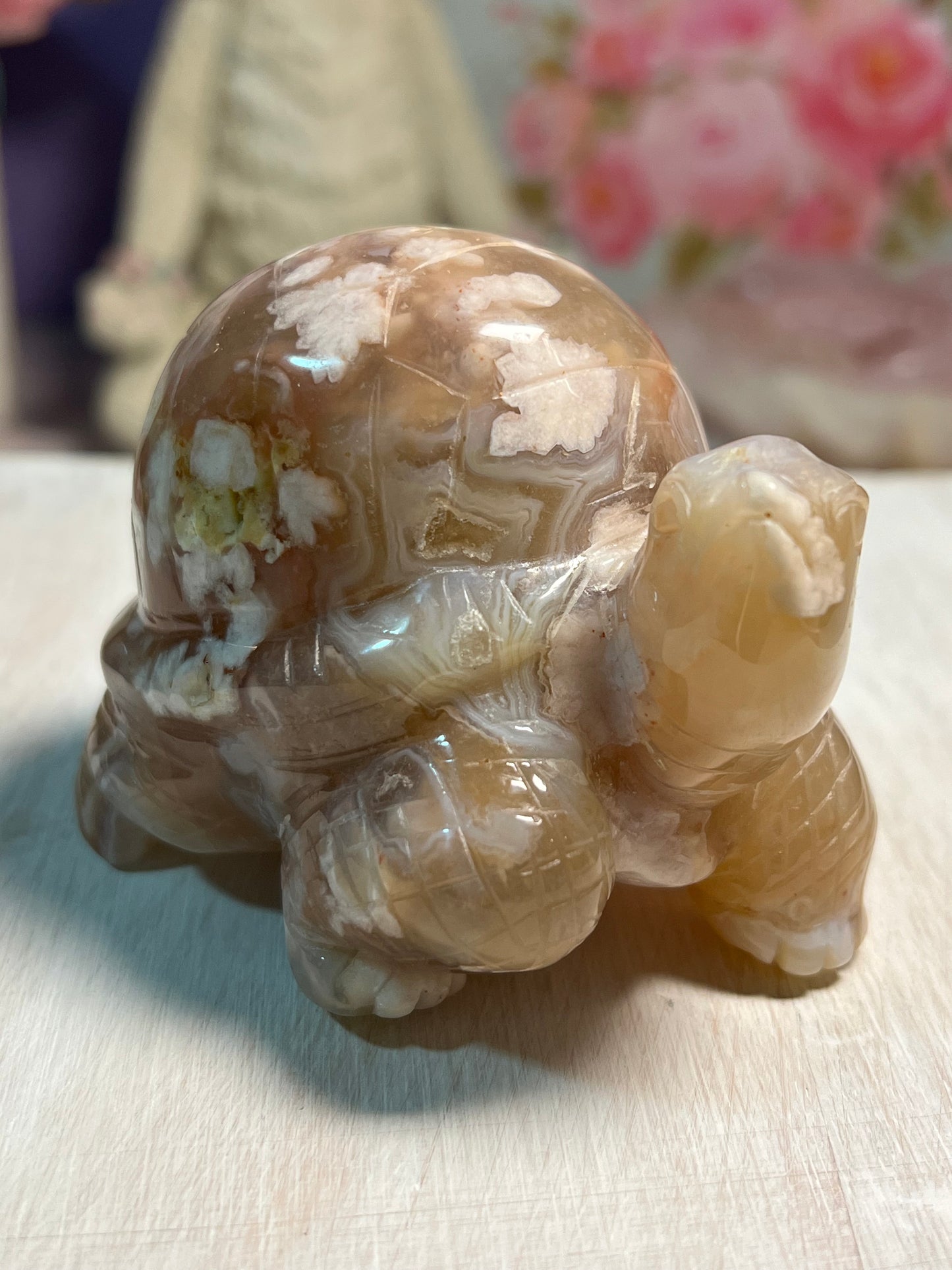 Adorable Flower Agate Turtle Carving