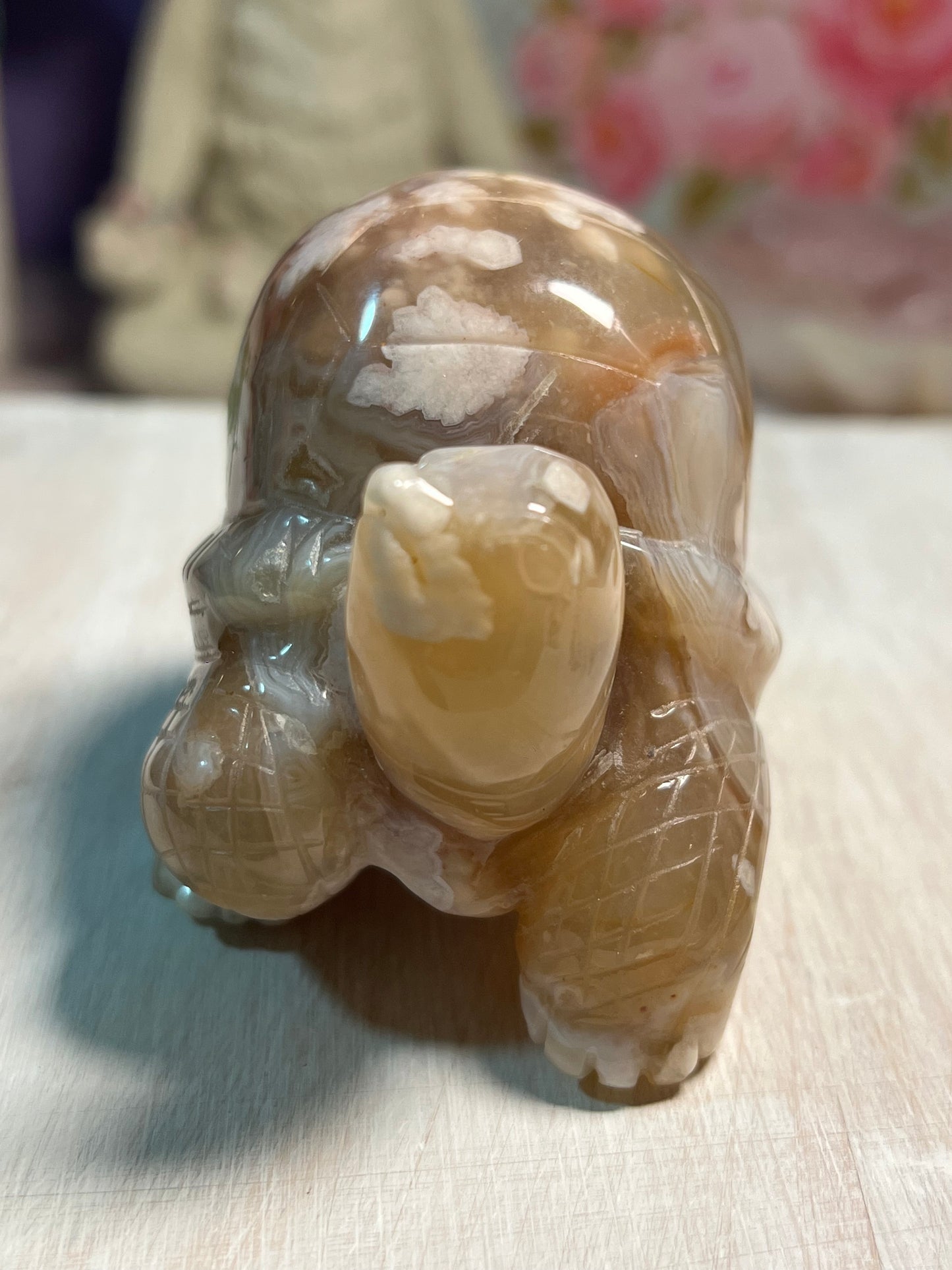 Adorable Flower Agate Turtle Carving