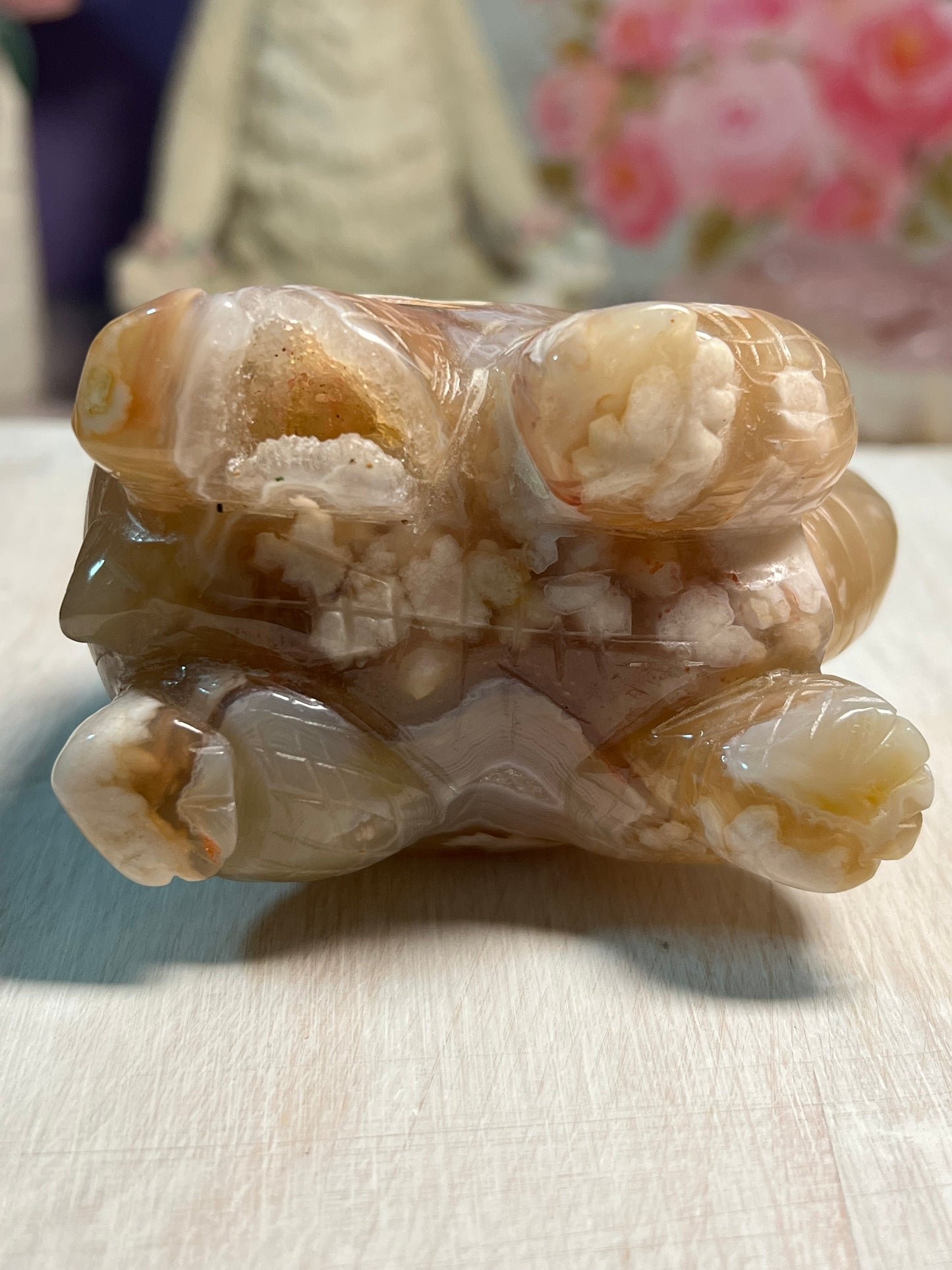 Adorable Flower Agate Turtle Carving