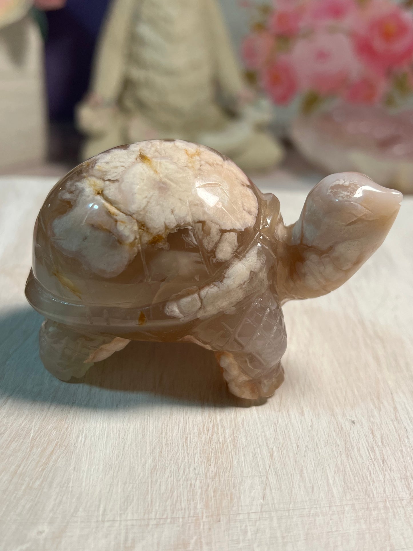 Adorable Flower Agate Turtle Carving
