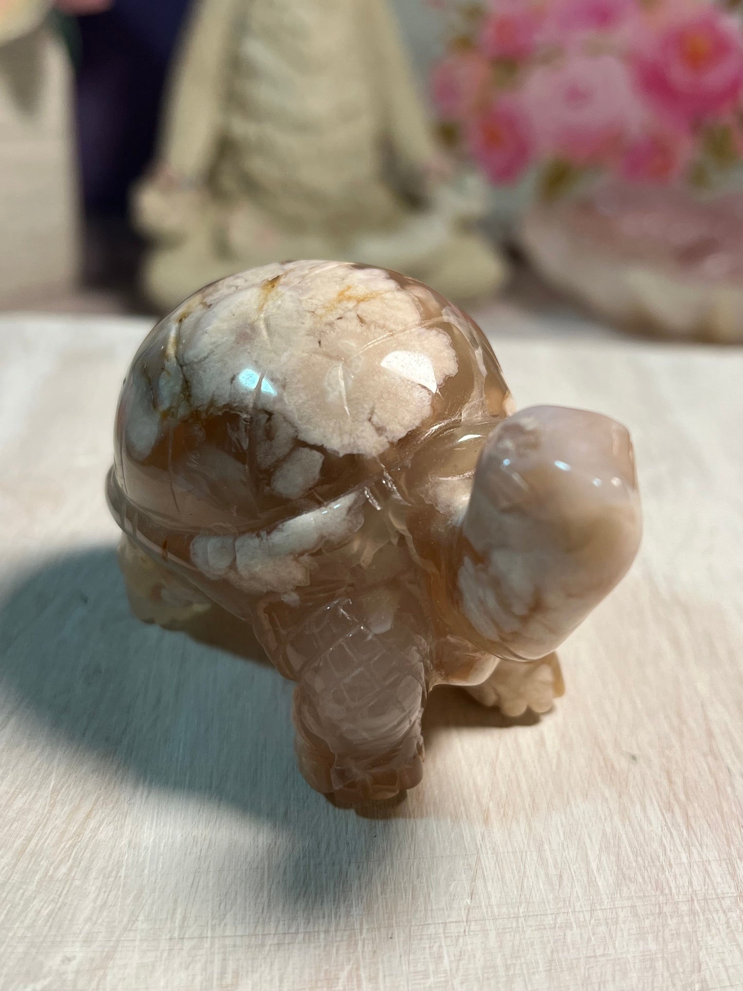 Adorable Flower Agate Turtle Carving