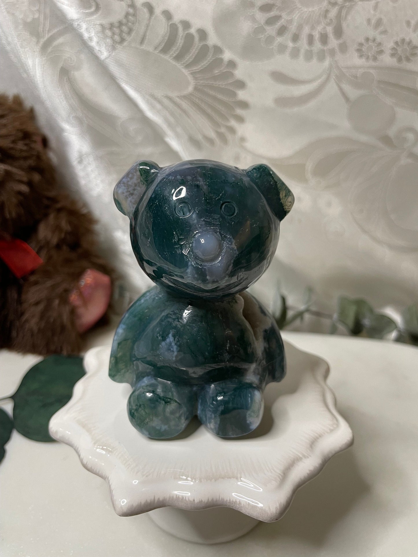 Moss Agate teddy bear carving