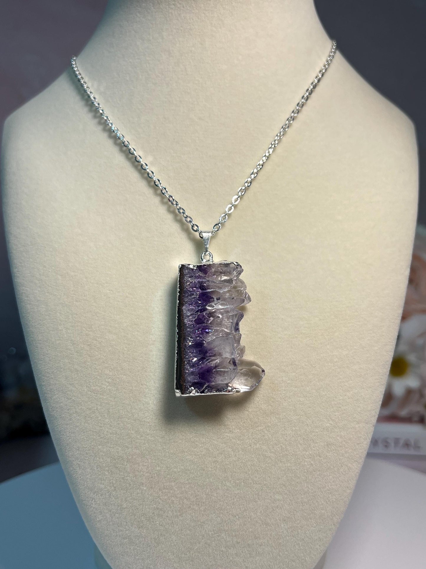 Beautiful Amethyst slice necklace, raw edge crystal pendant from Brazil