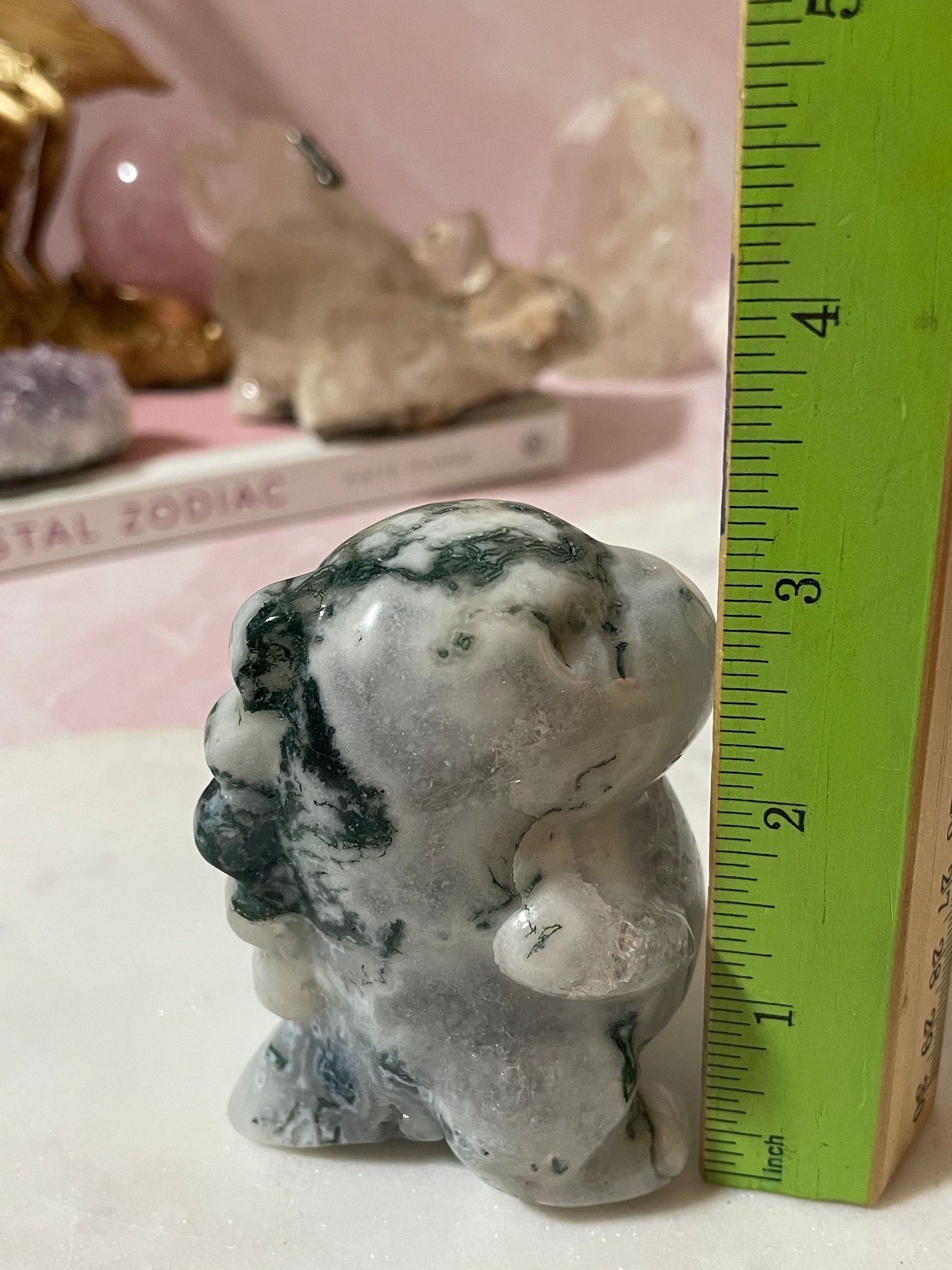 Moss Agate chubby dinosaur carving