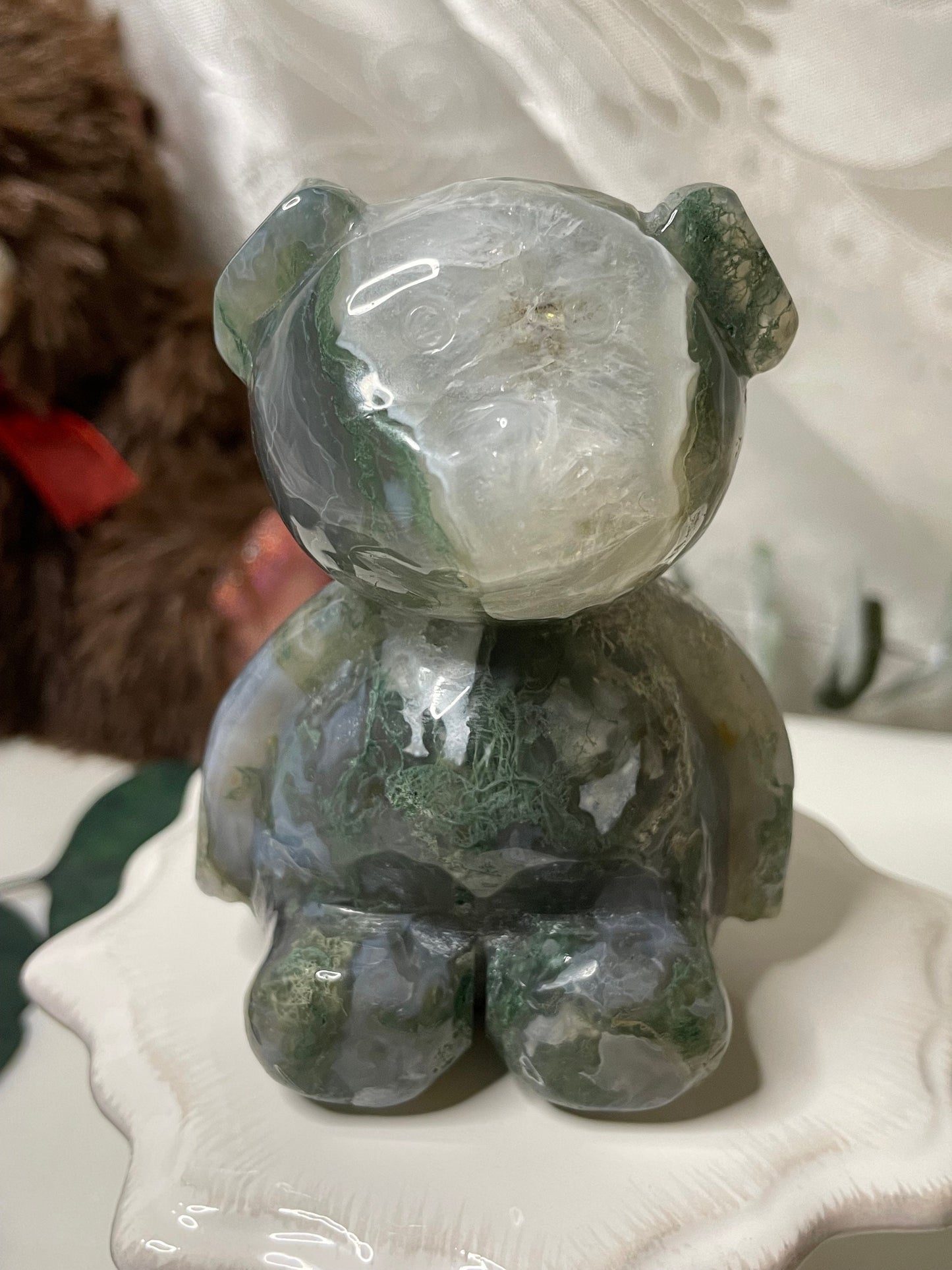 Moss Agate teddy bear carving