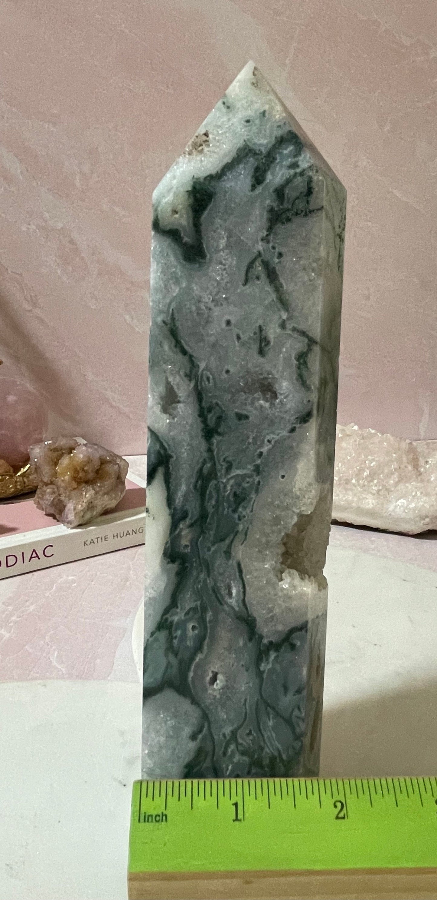 Stunning Moss Agate tower with gorgeous mossy inclusions and druzy.