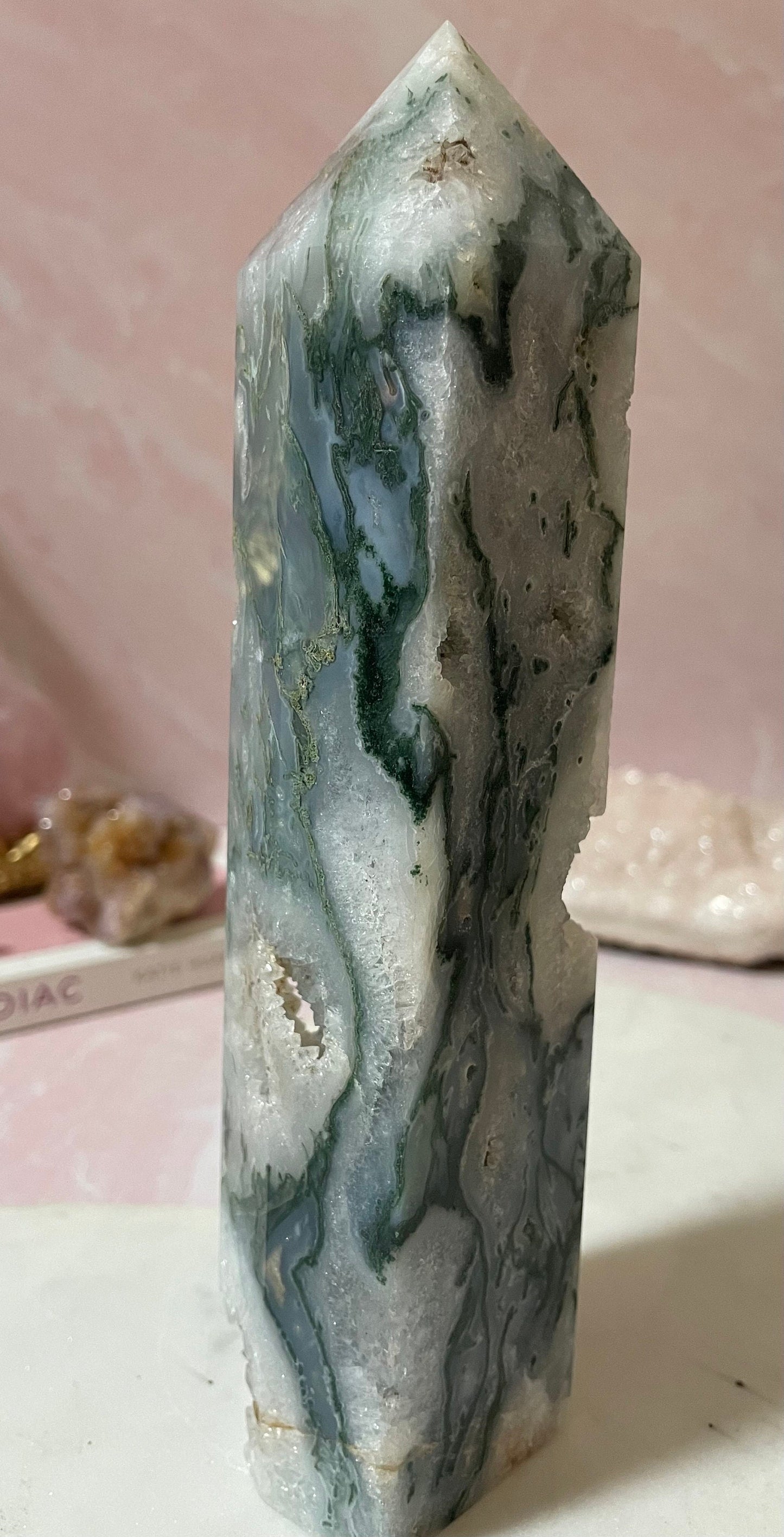 Stunning Moss Agate tower with gorgeous mossy inclusions and druzy.