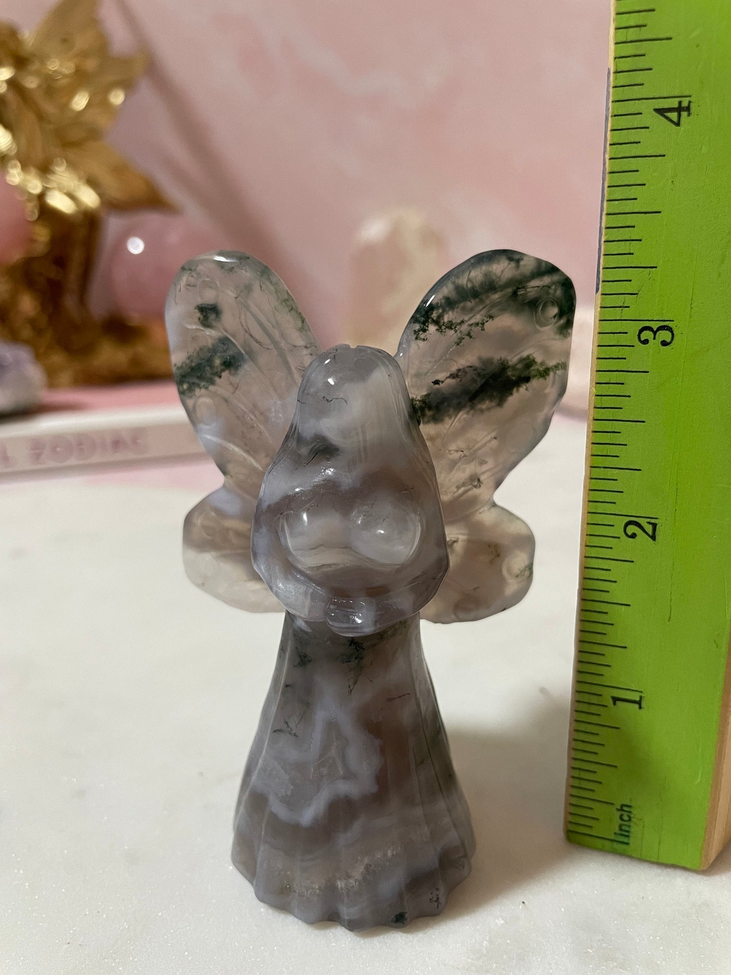 Stunning moss agate fairy carving