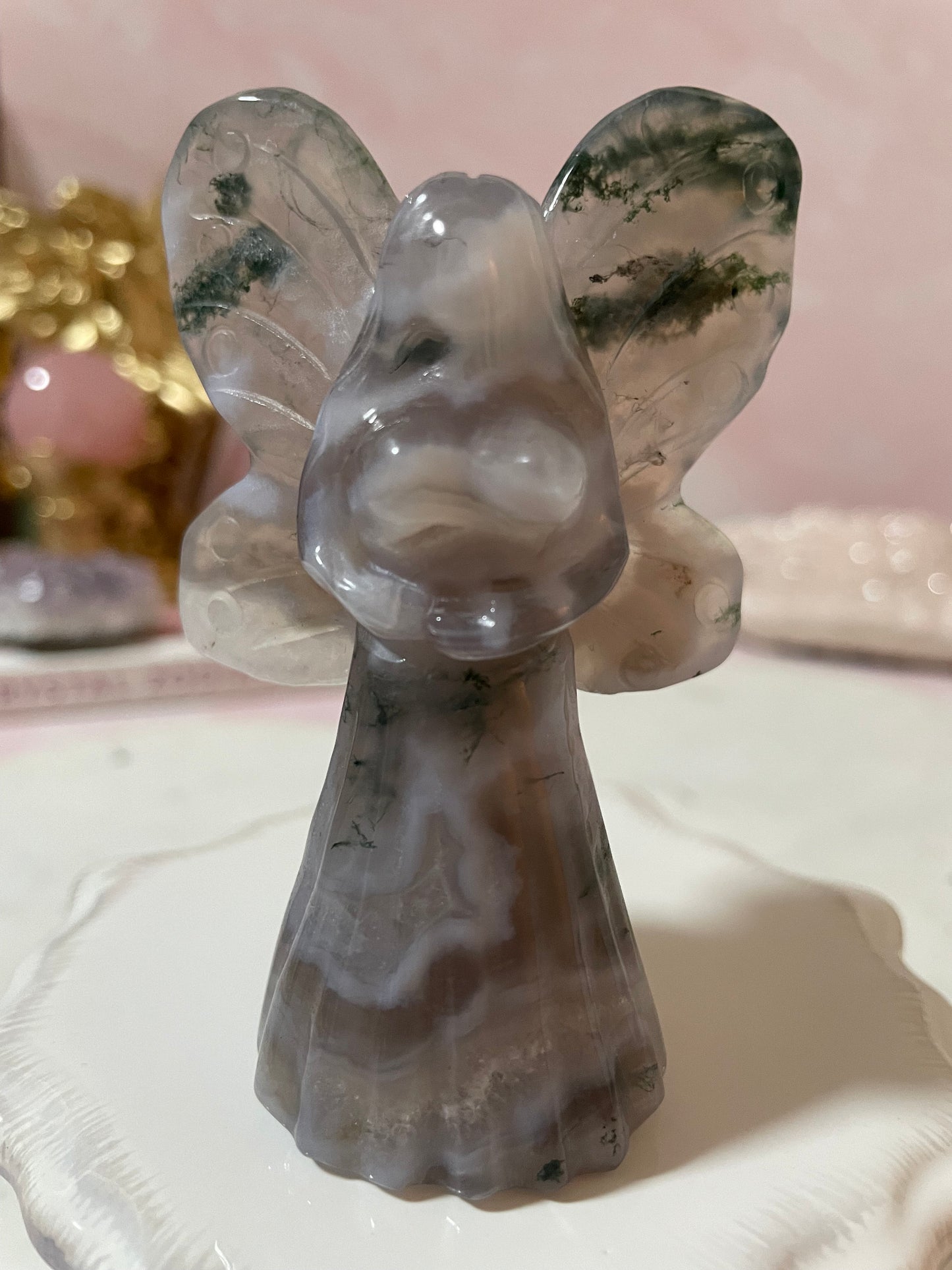 Stunning moss agate fairy carving