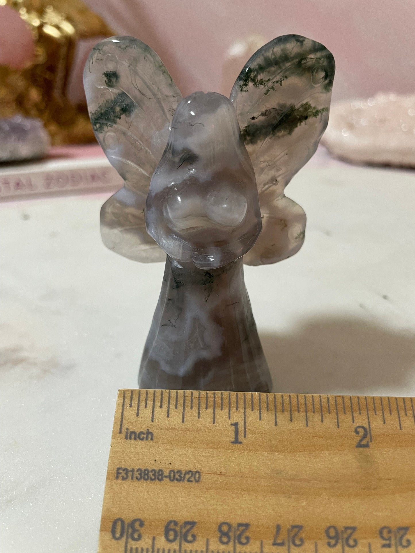 Stunning moss agate fairy carving