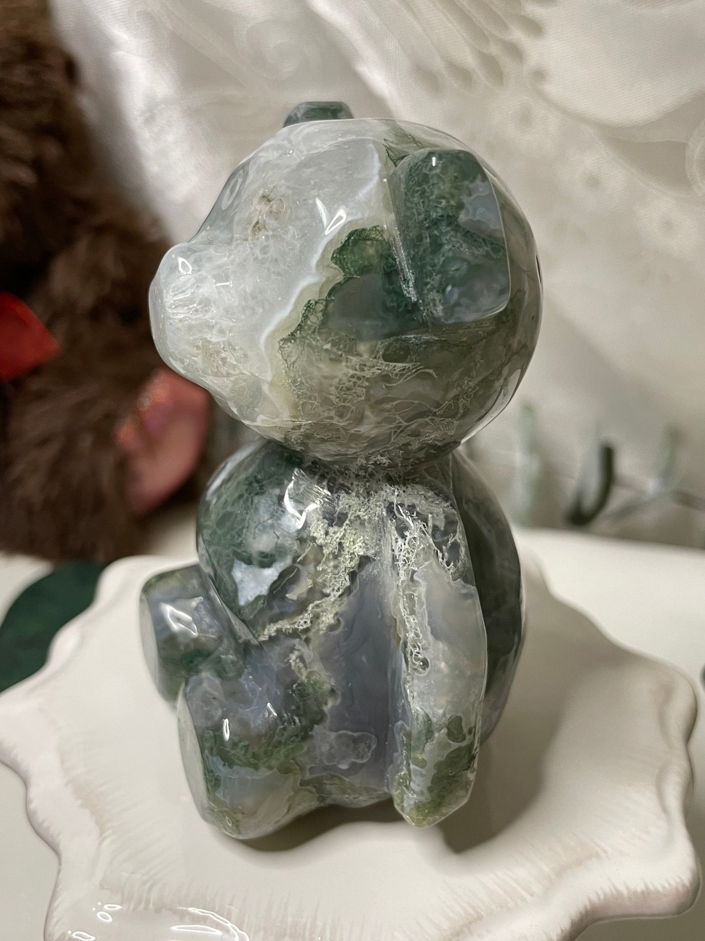 Moss Agate teddy bear carving