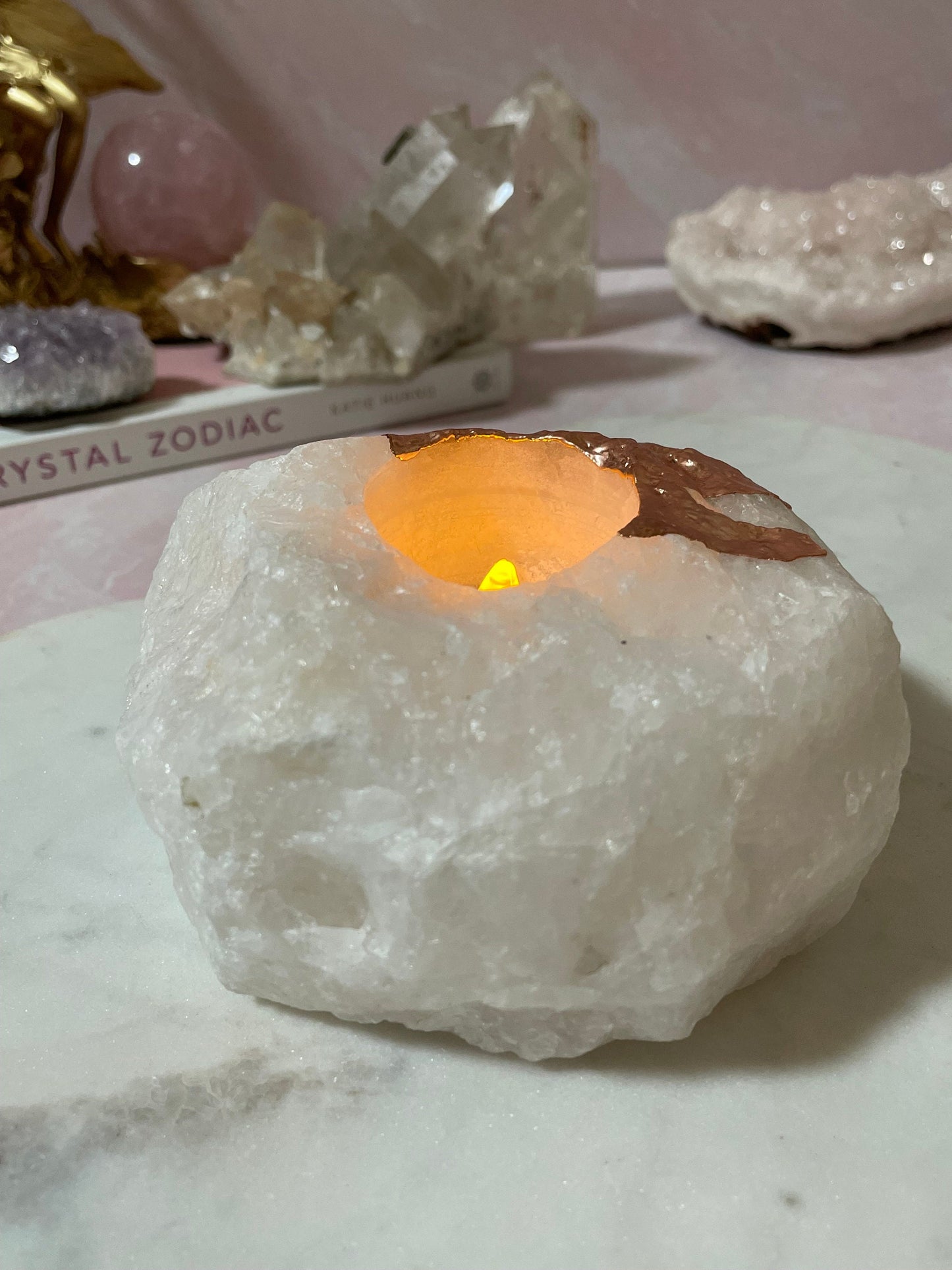 Beautiful Copper Plated White Quartz Candle Holder