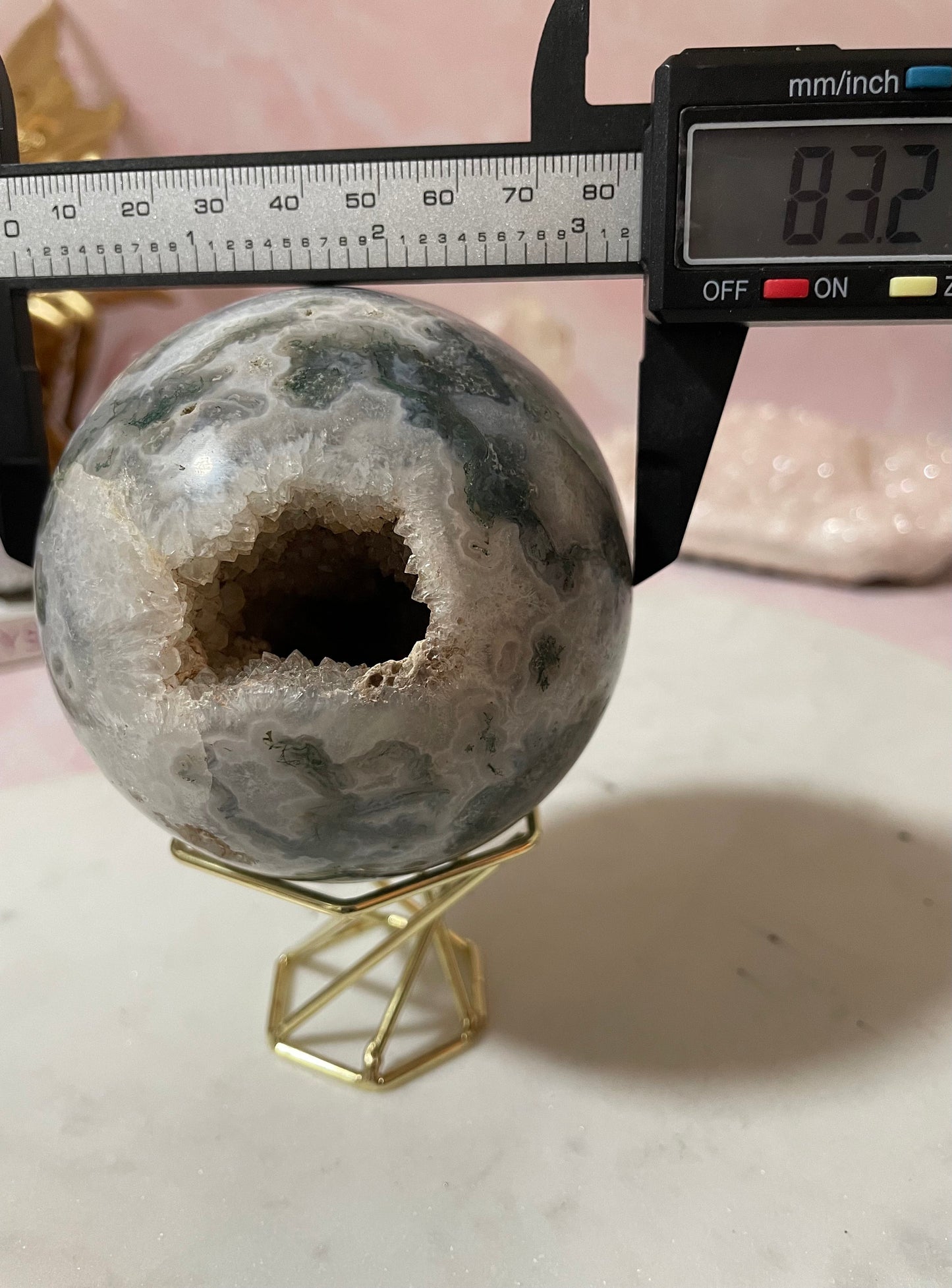 Stunning Moss Agate sphere with druzy