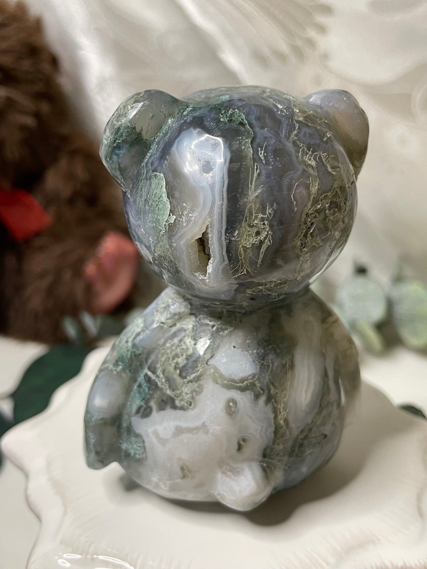 Moss Agate teddy bear carving