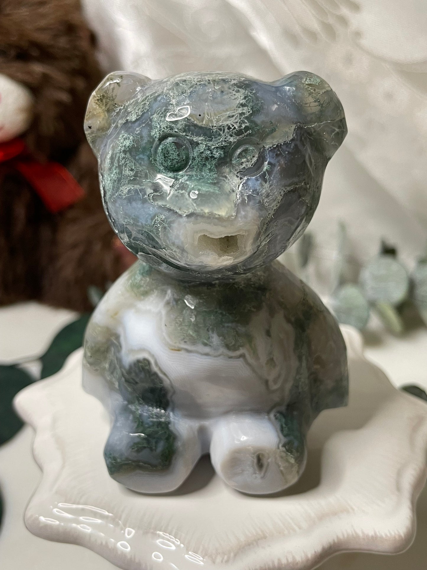 Moss Agate teddy bear carving