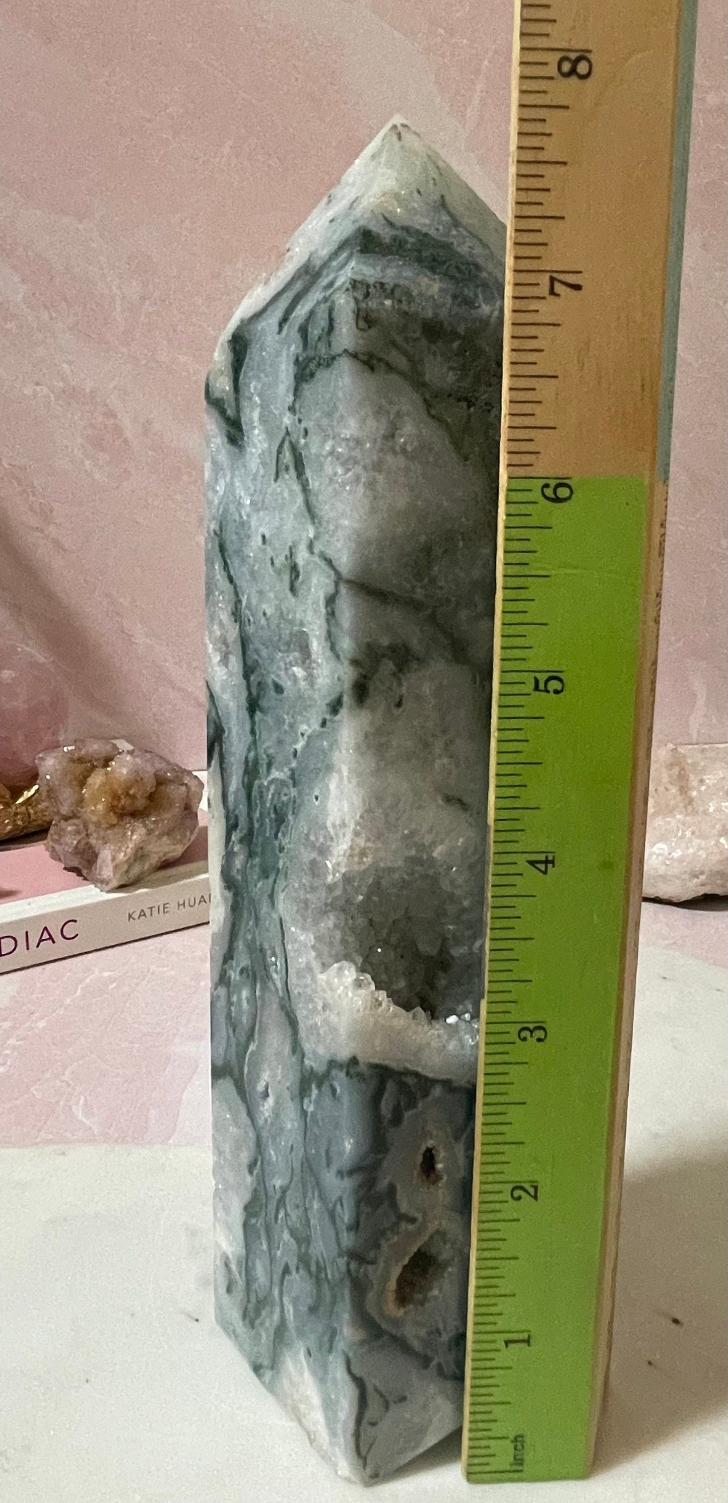 Stunning Moss Agate tower with gorgeous mossy inclusions and druzy.