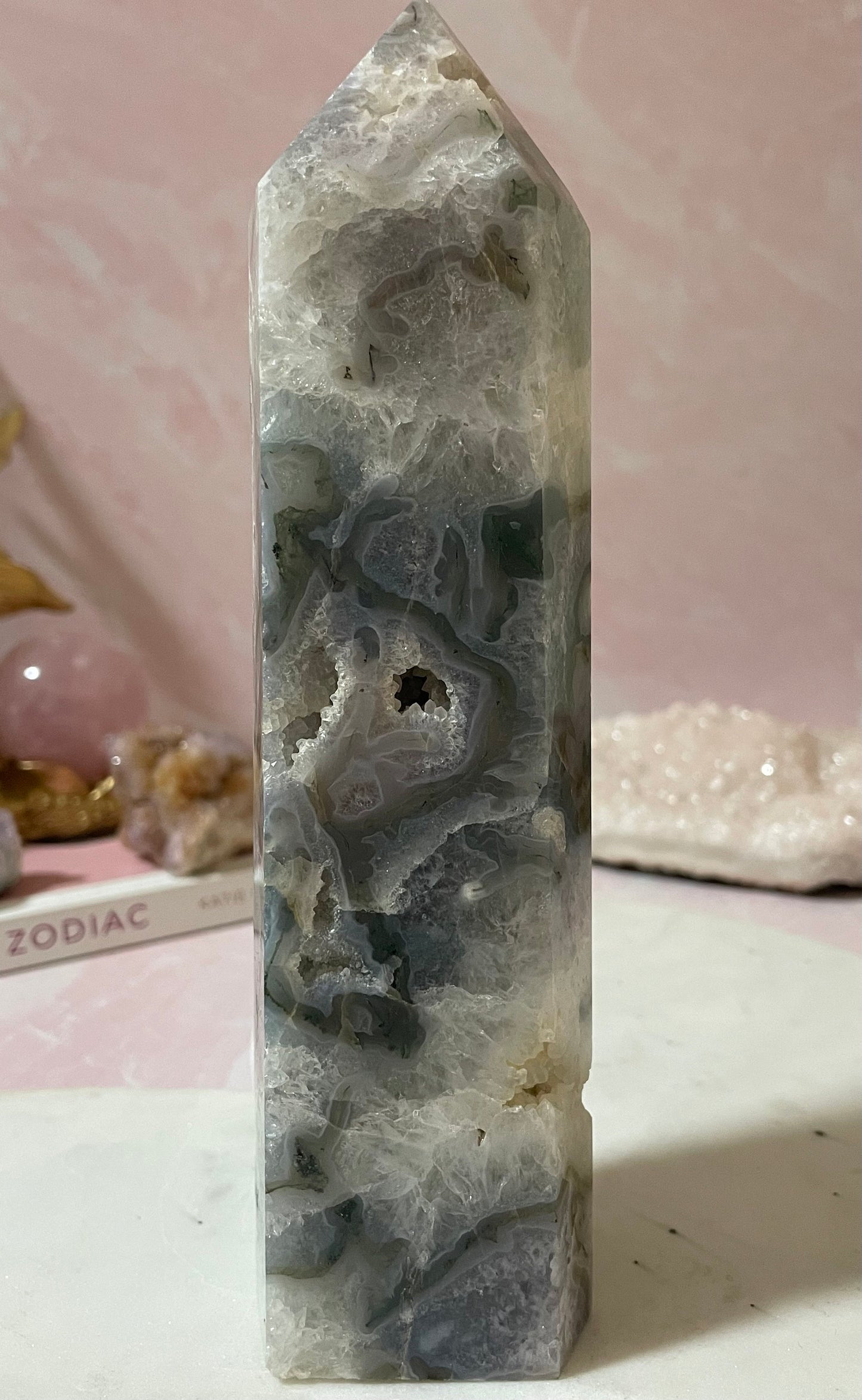 Stunning Moss Agate tower with gorgeous mossy inclusions.