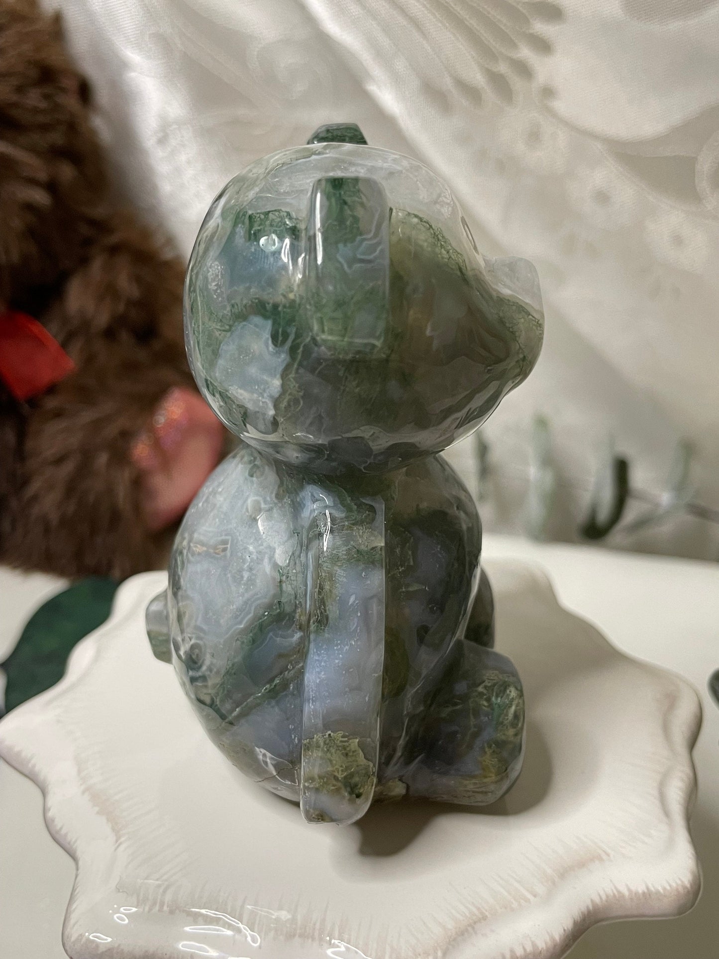 Moss Agate teddy bear carving