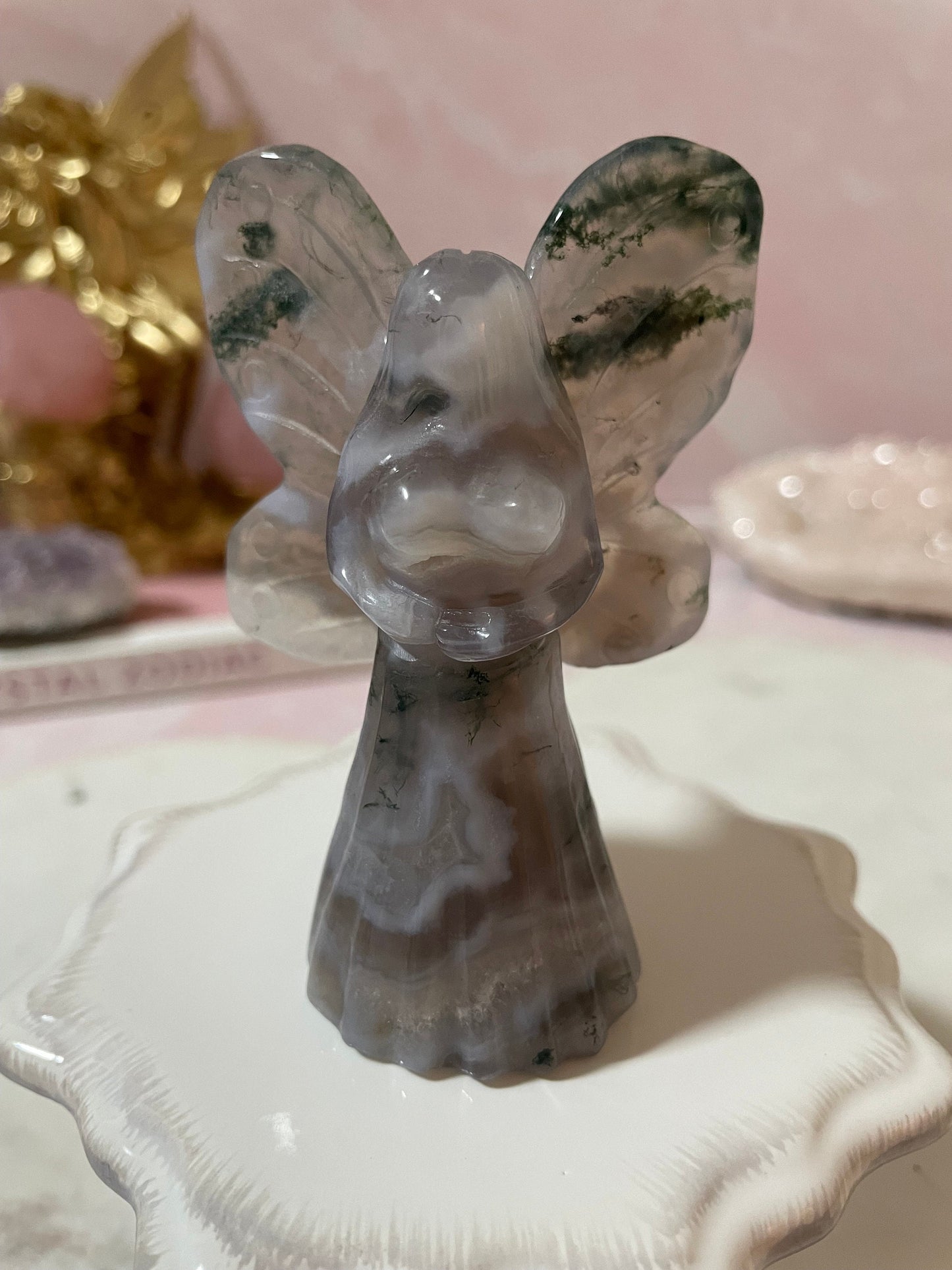 Stunning moss agate fairy carving