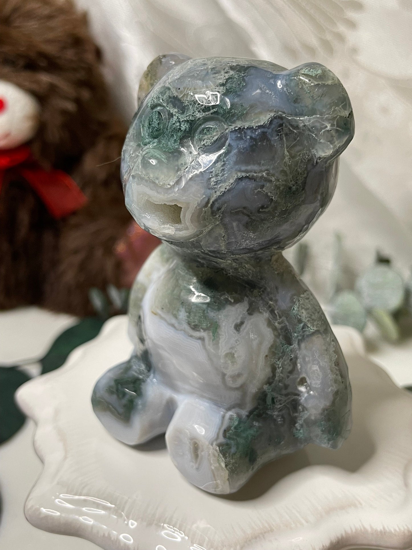 Moss Agate teddy bear carving