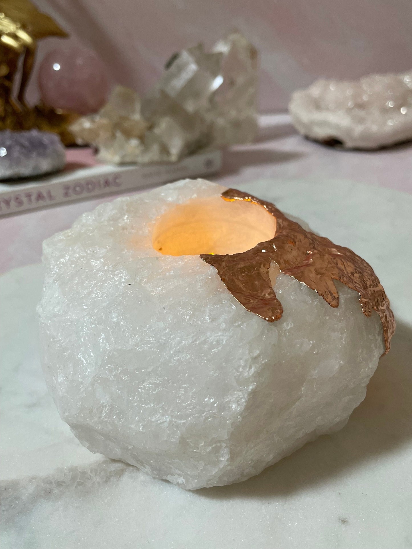 Beautiful Copper Plated White Quartz Candle Holder