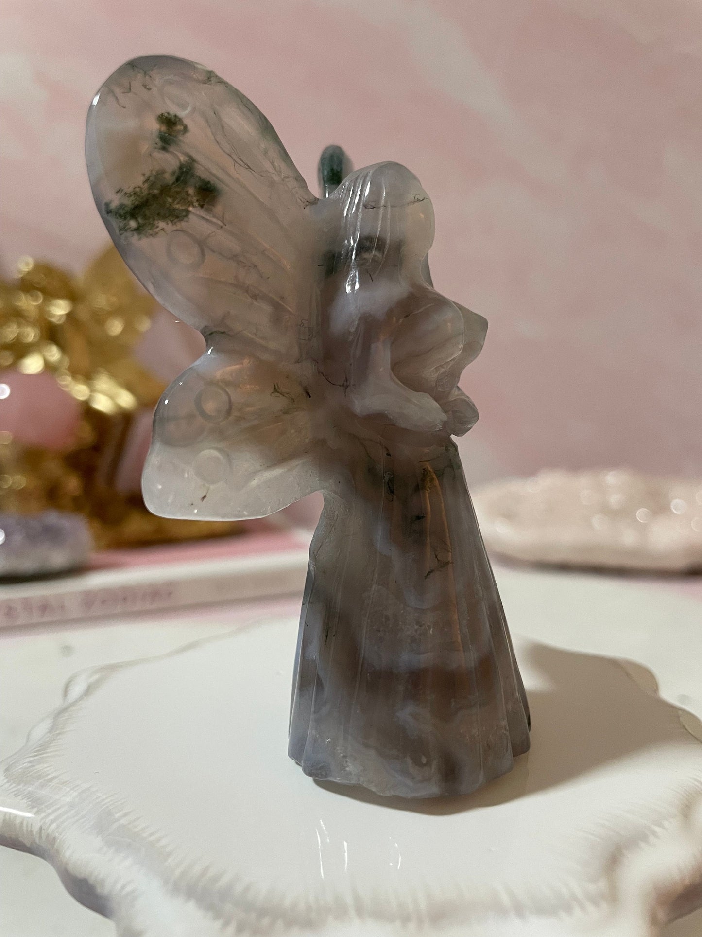 Stunning moss agate fairy carving