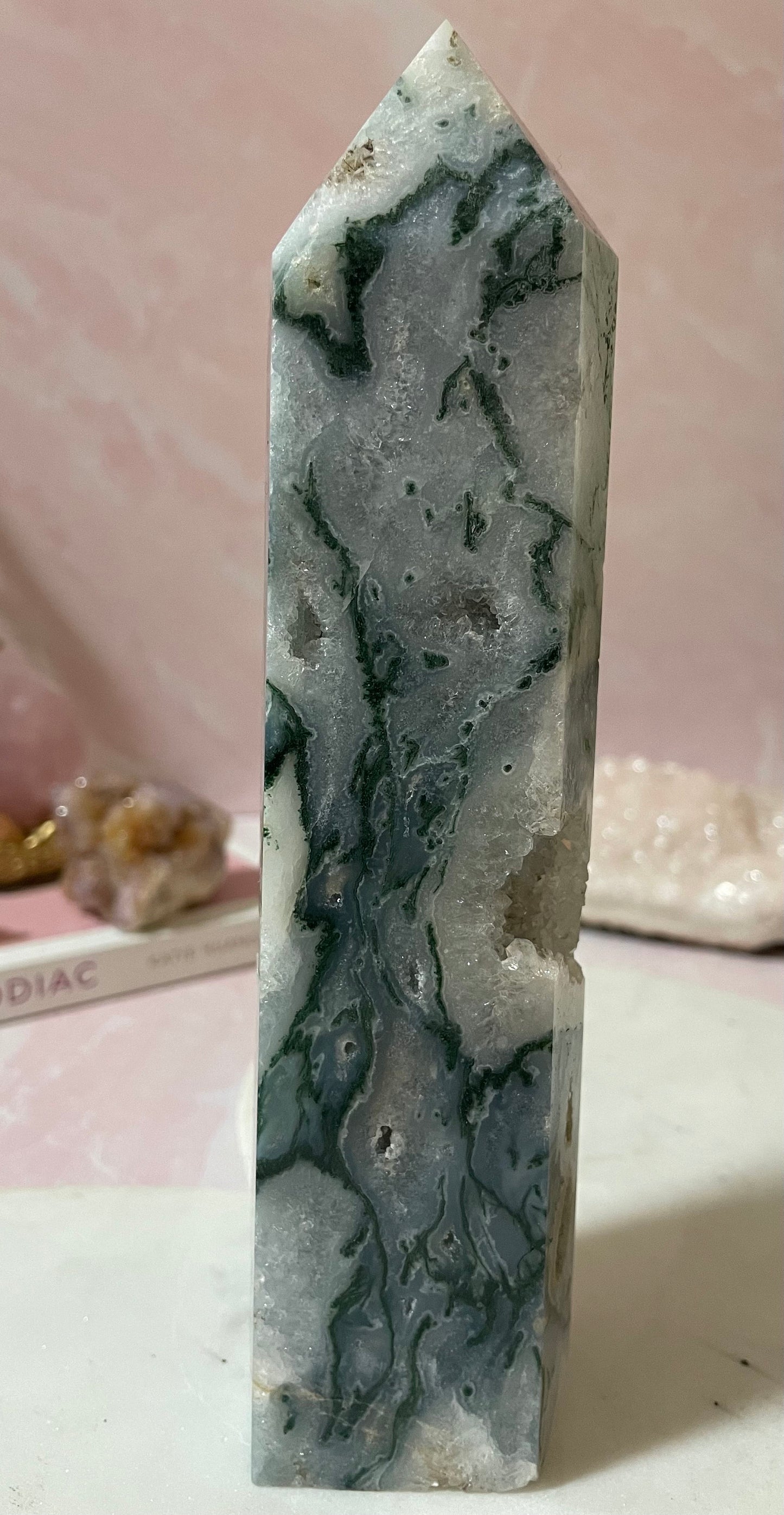 Stunning Moss Agate tower with gorgeous mossy inclusions and druzy.
