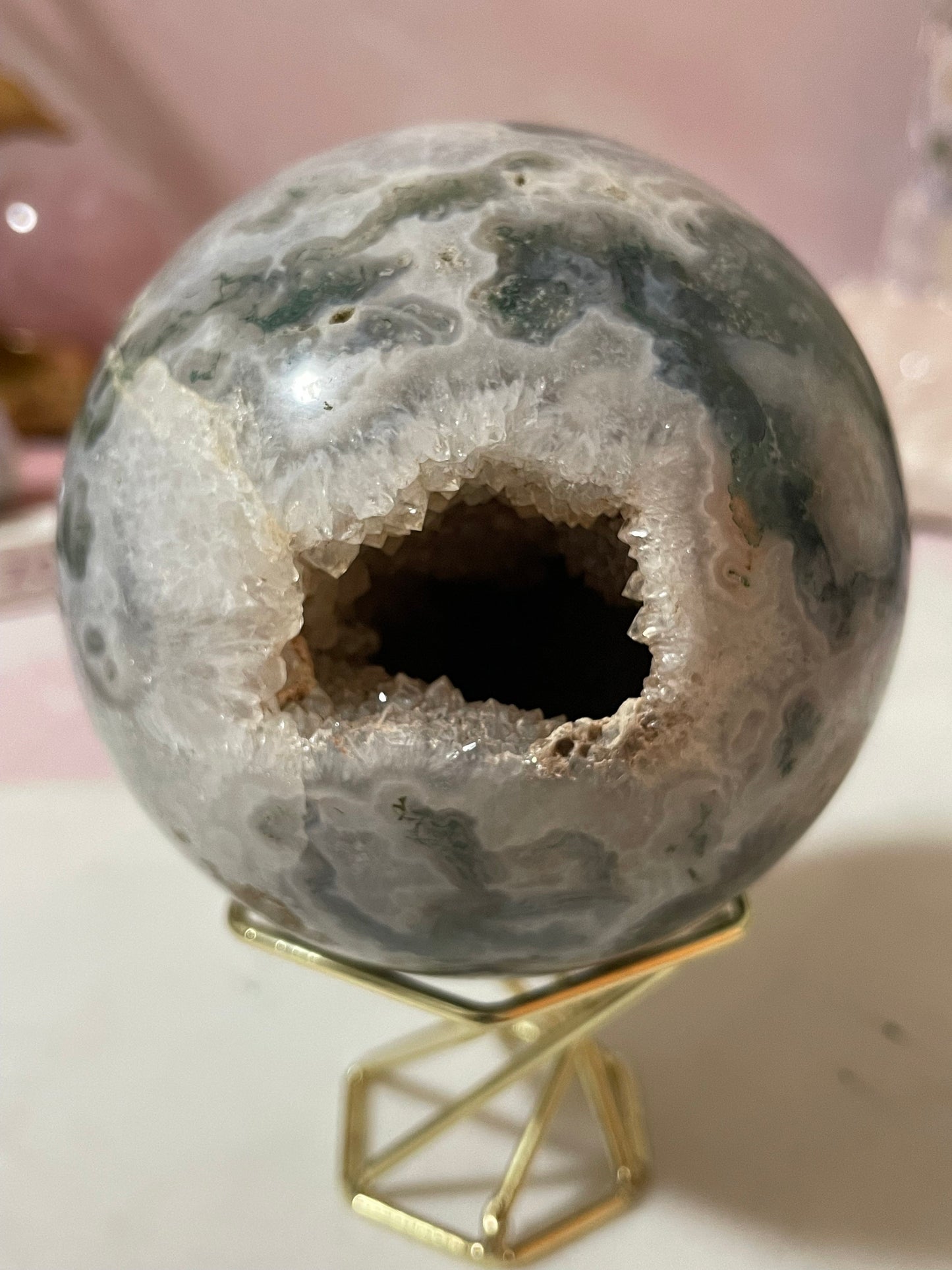 Stunning Moss Agate sphere with druzy