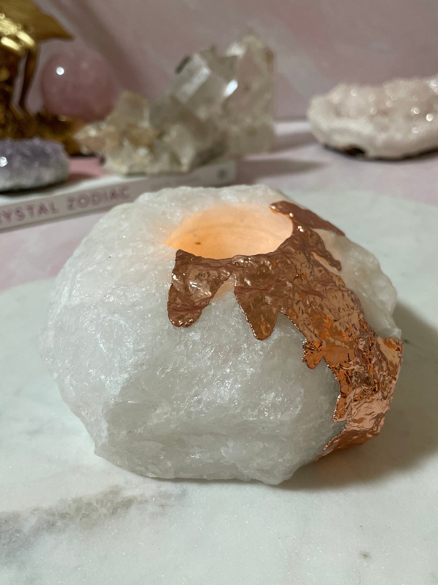 Beautiful Copper Plated White Quartz Candle Holder