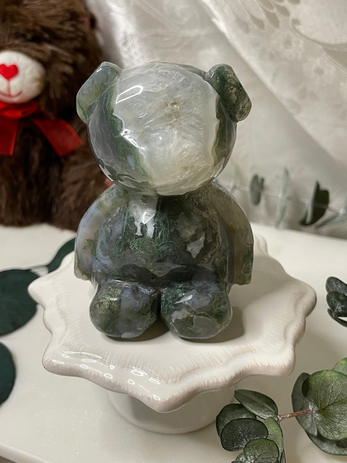 Moss Agate teddy bear carving