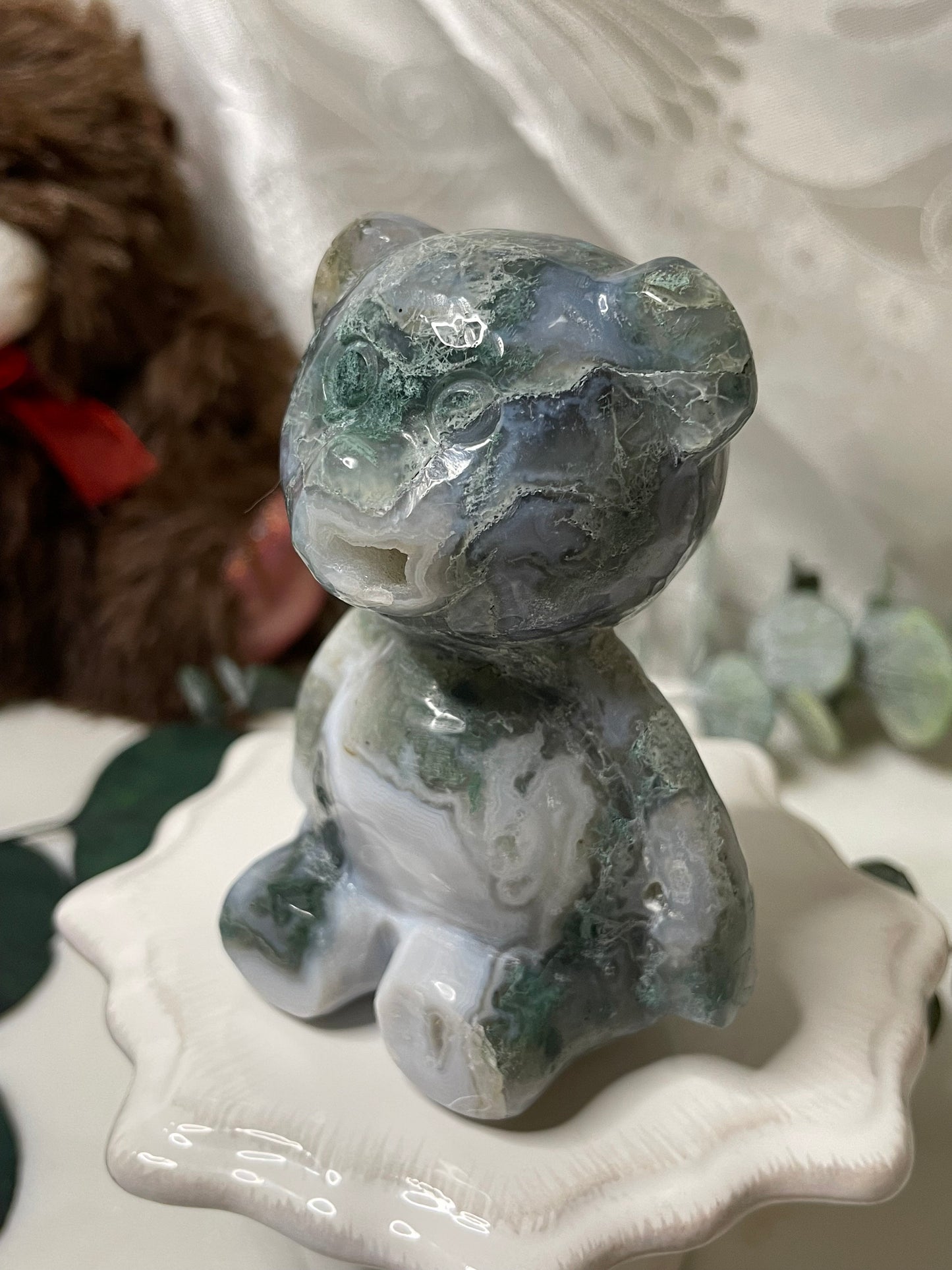 Moss Agate teddy bear carving