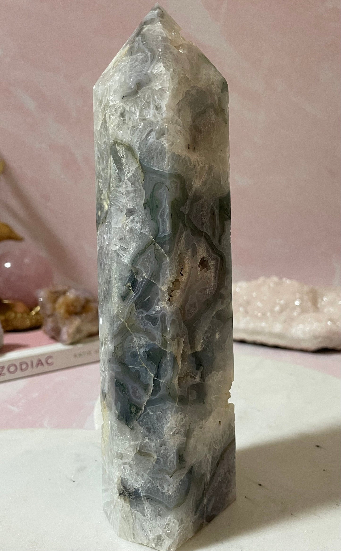 Stunning Moss Agate tower with gorgeous mossy inclusions.
