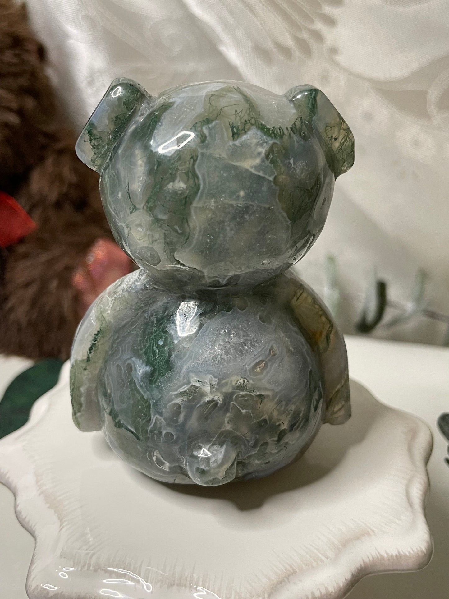 Moss Agate teddy bear carving