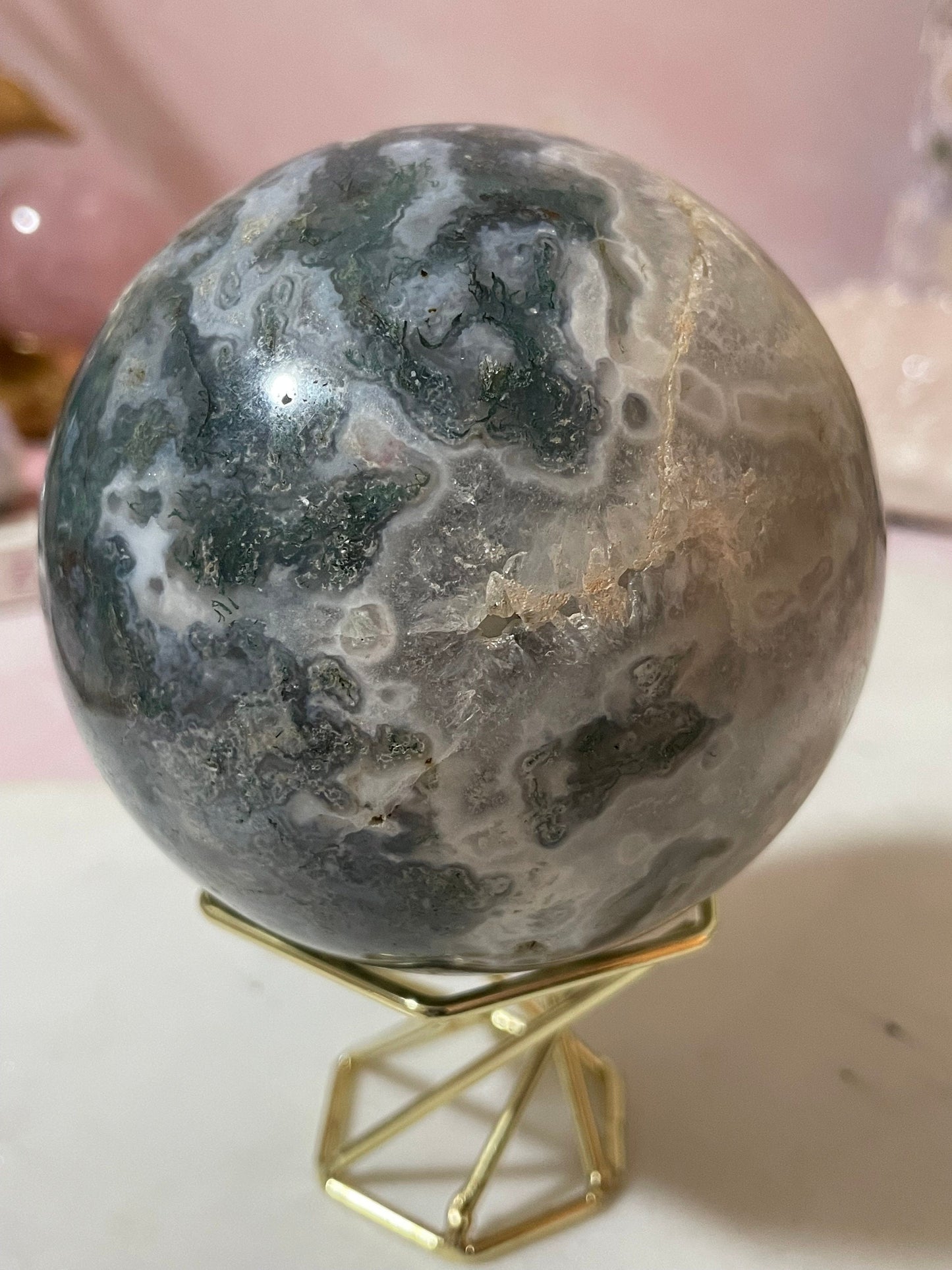 Stunning Moss Agate sphere with druzy