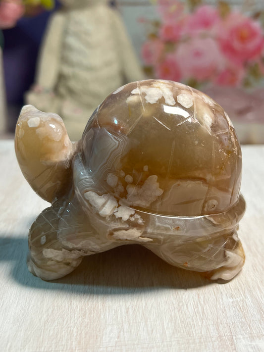 Adorable Flower Agate Turtle Carving